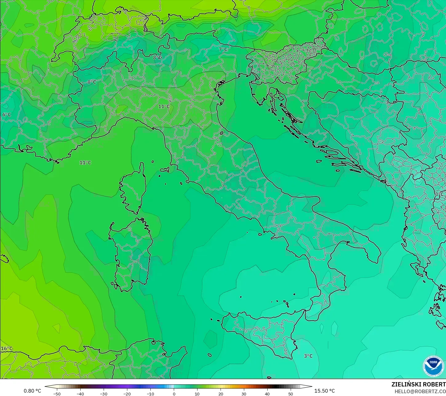GFS modelo - Italia, Temperatura a 850 hPa
