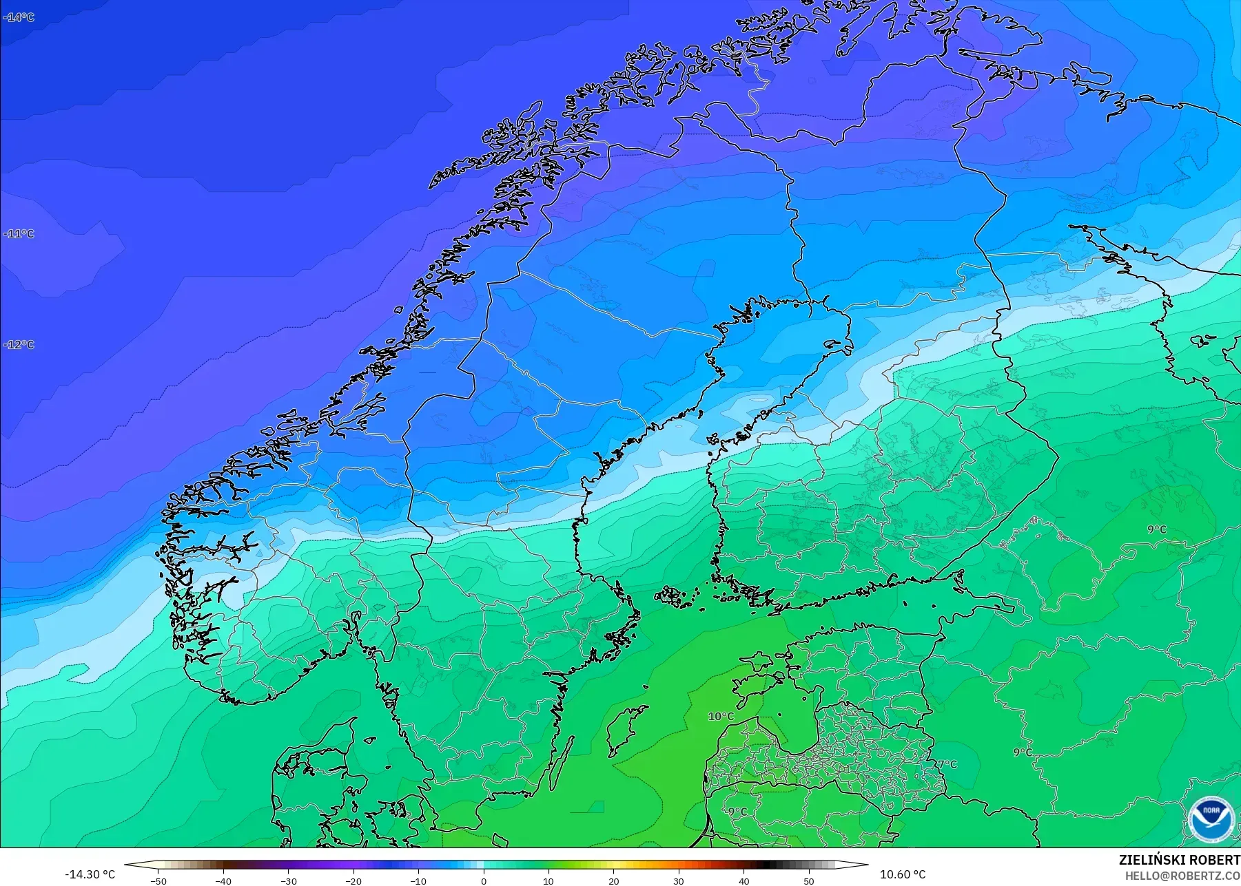 GFS modelo - Escandinavia, Temperatura a 850 hPa