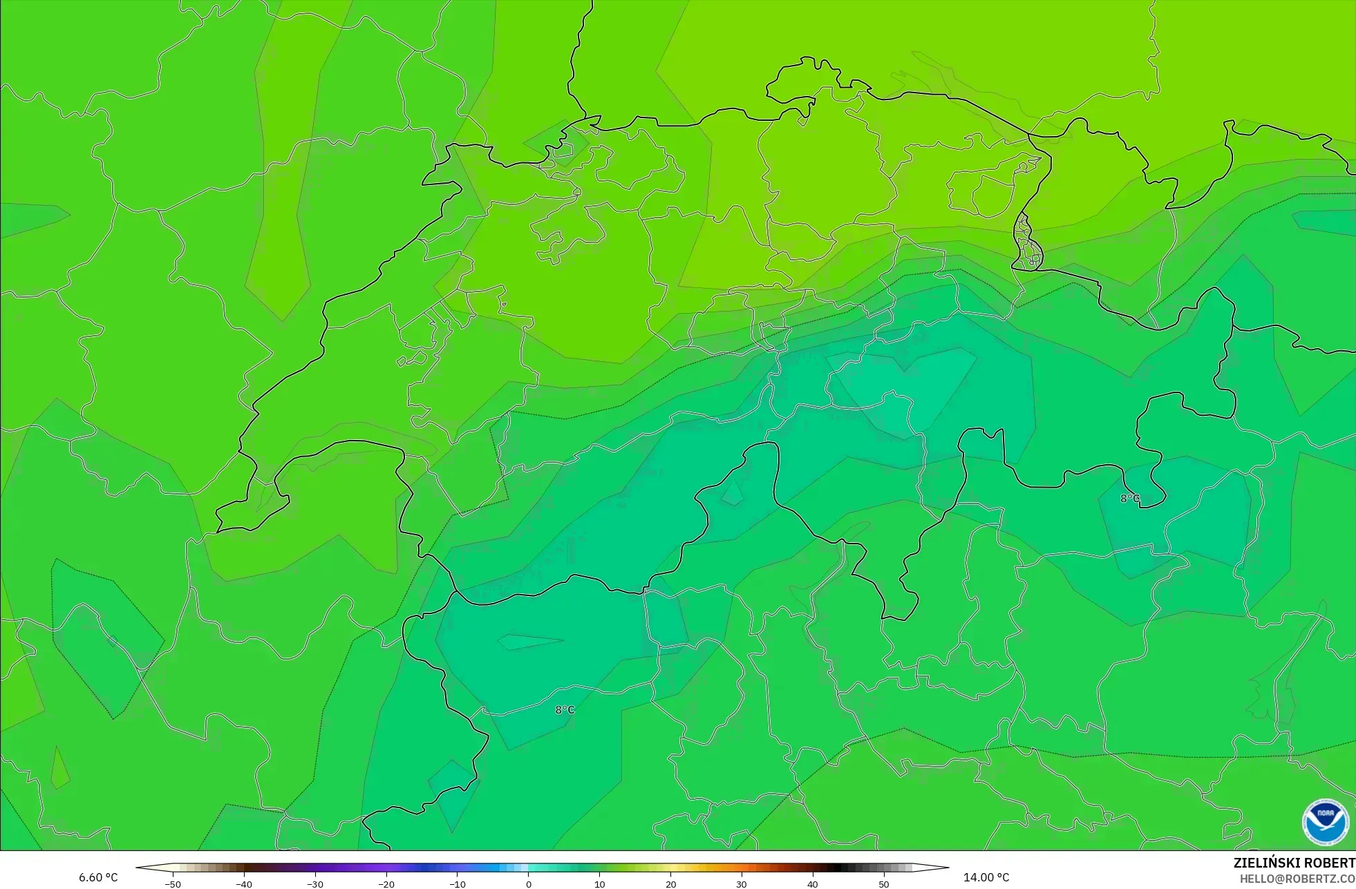 GFS modelo - Suiza, Temperatura a 850 hPa