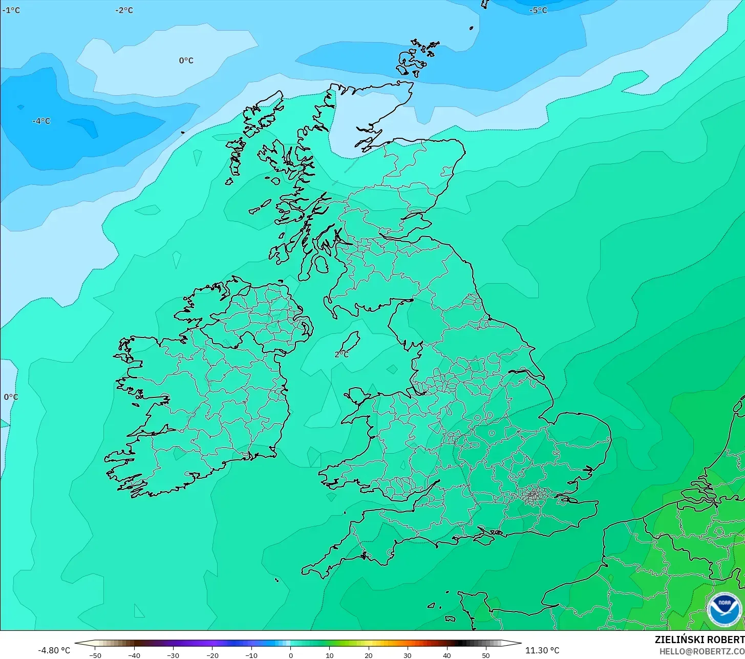 GFS modelo - Reino Unido, Temperatura a 850 hPa