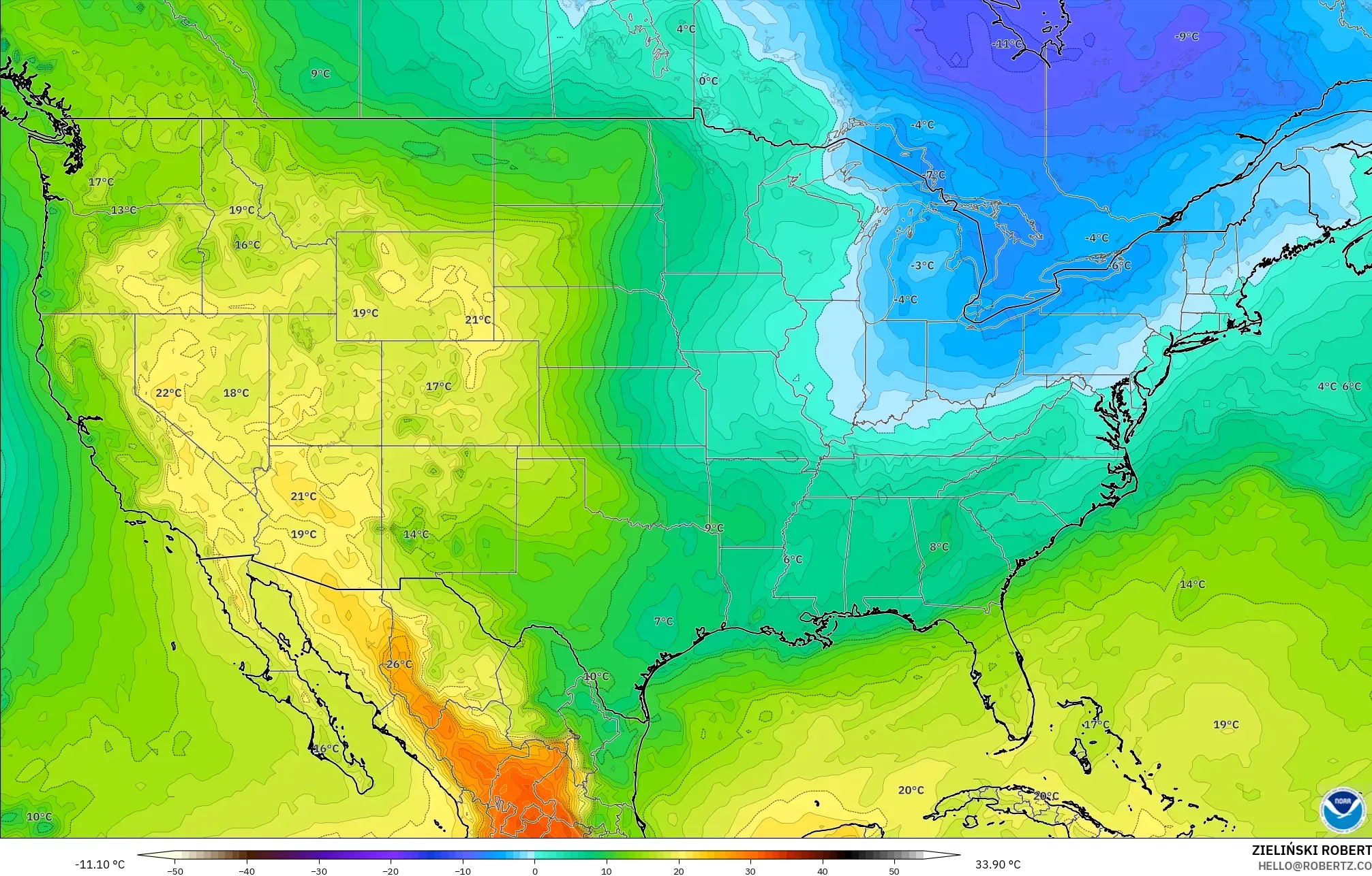 GFS modelo - Estados Unidos, Temperatura a 850 hPa