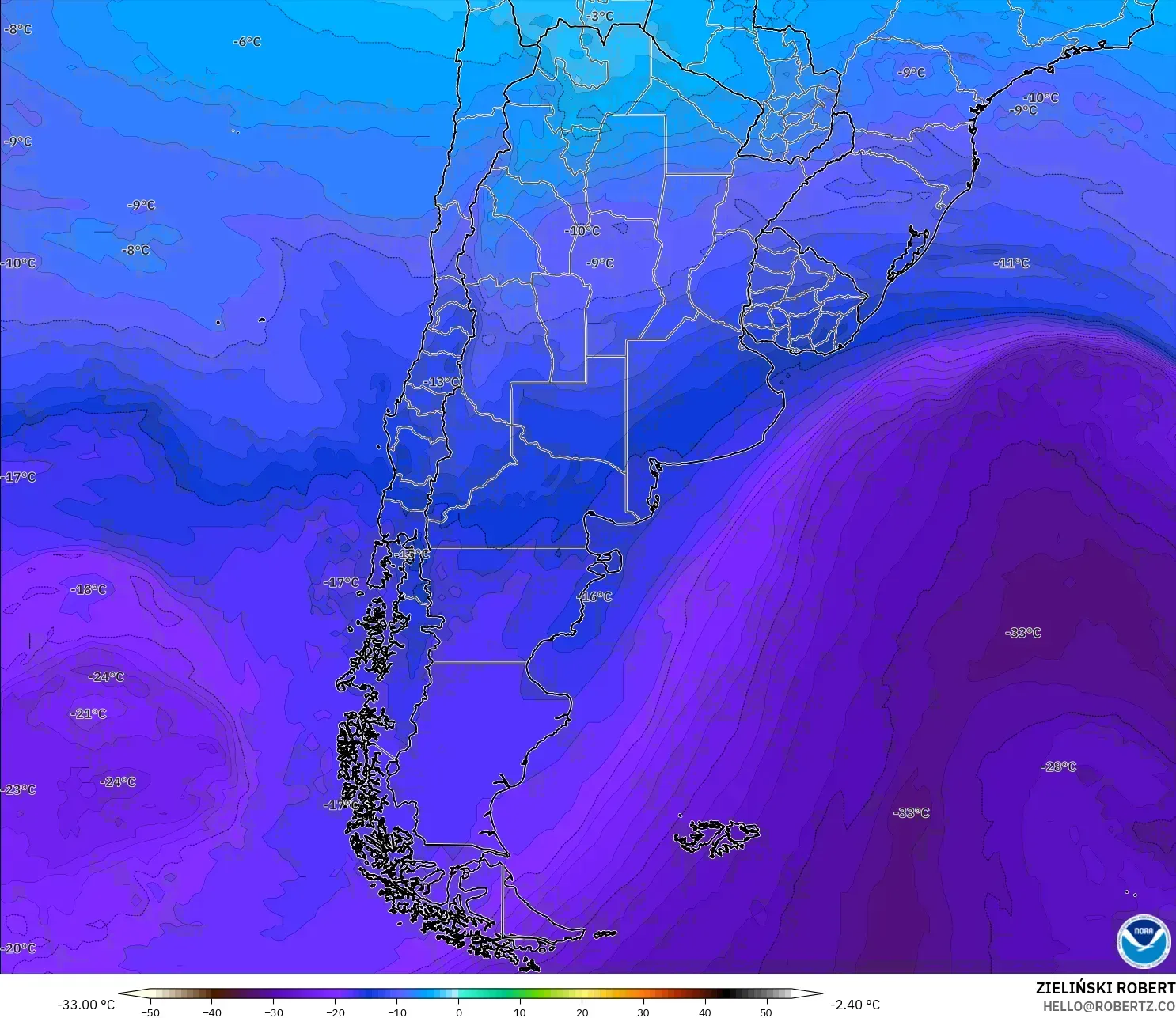 GFS modelo - Argentina, Temperatura a 500 hPa