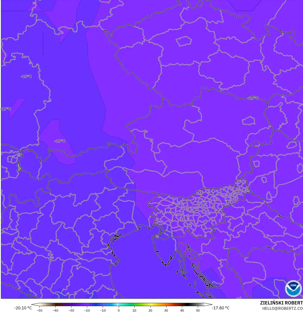 GFS modelo - Austria, Temperatura a 500 hPa