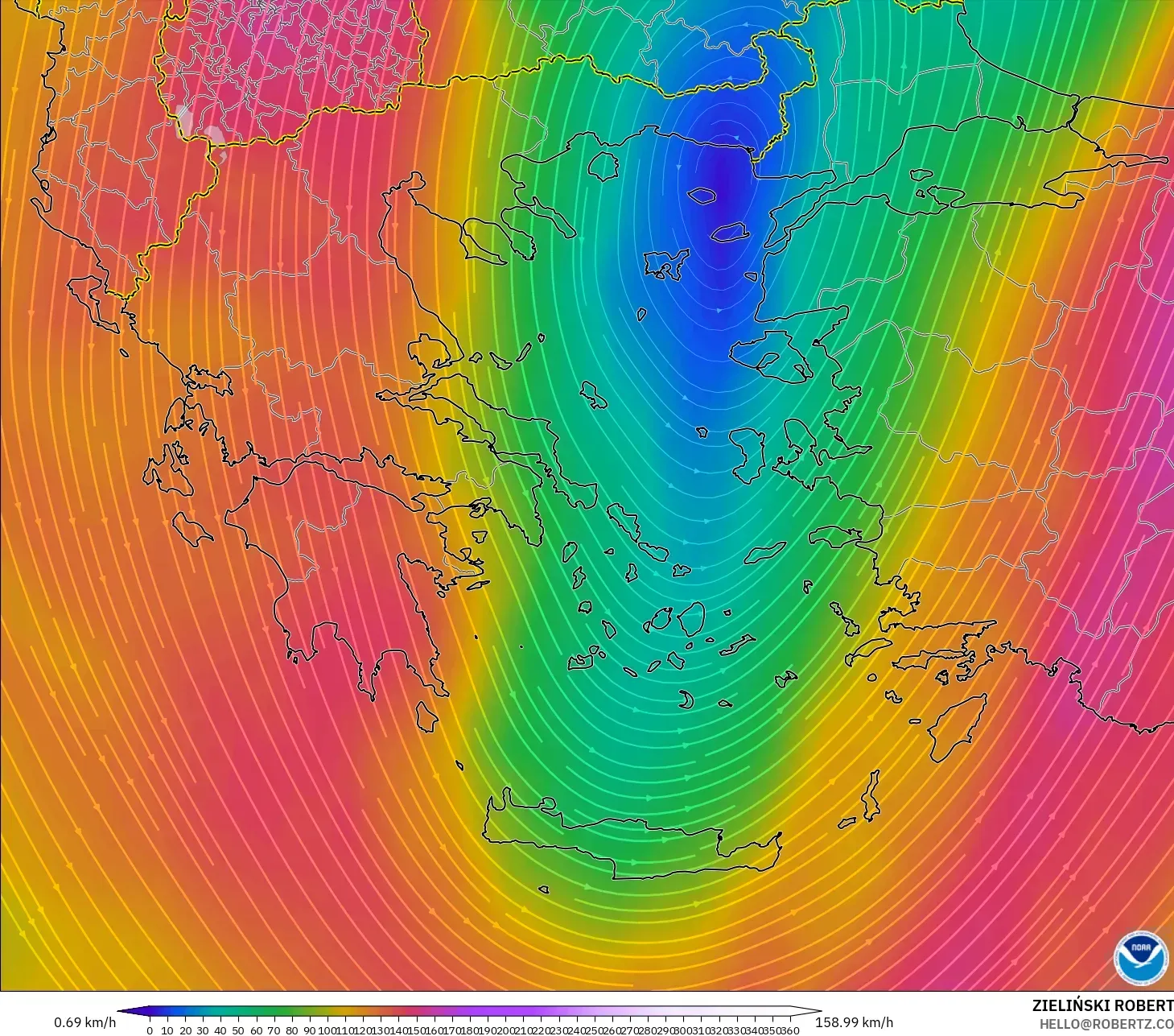 GFS modelo - Grecia, Viento a 300 hPa (corriente en chorro)