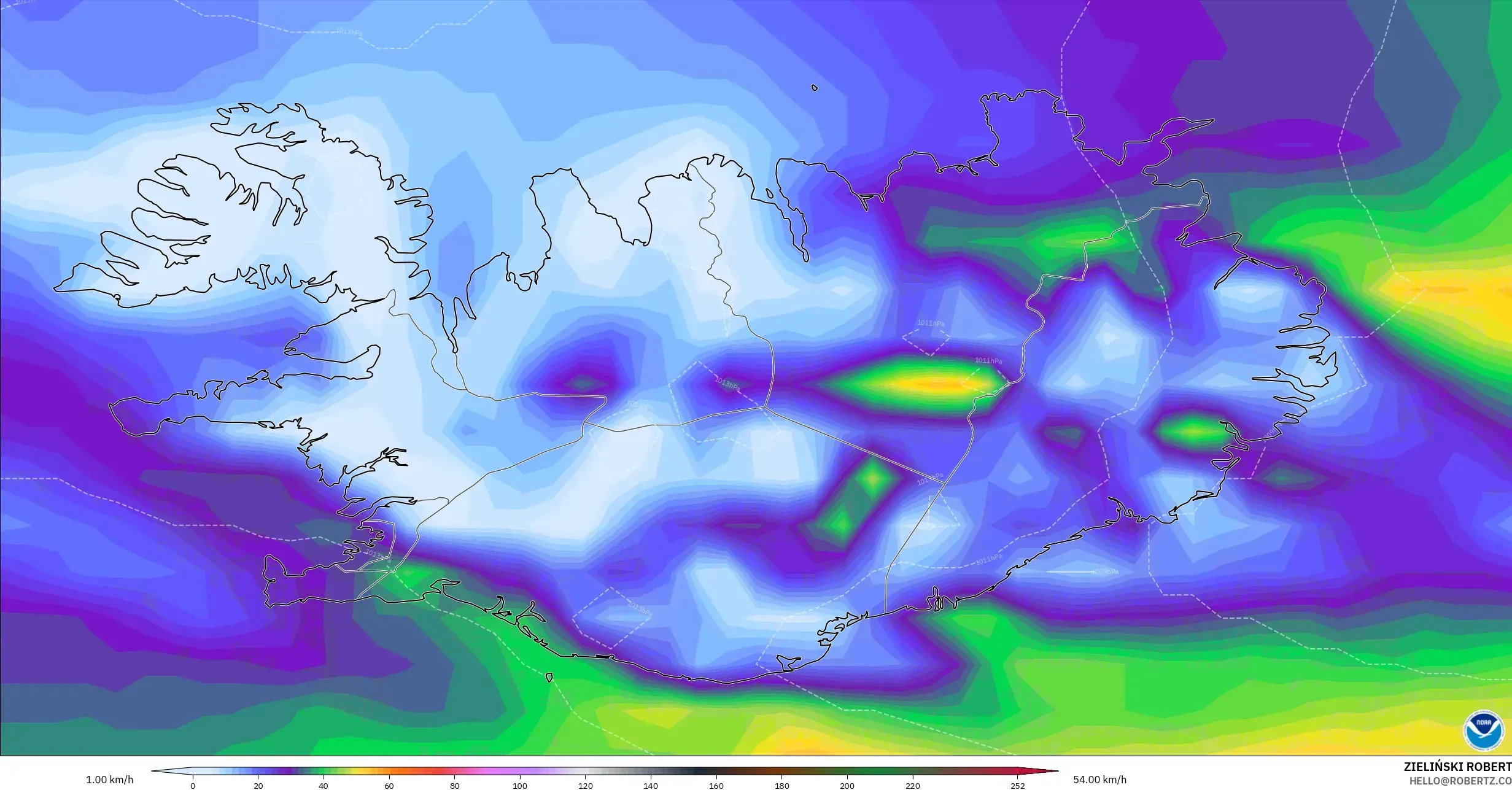 GFS modelo - Islandia, Ráfagas de viento