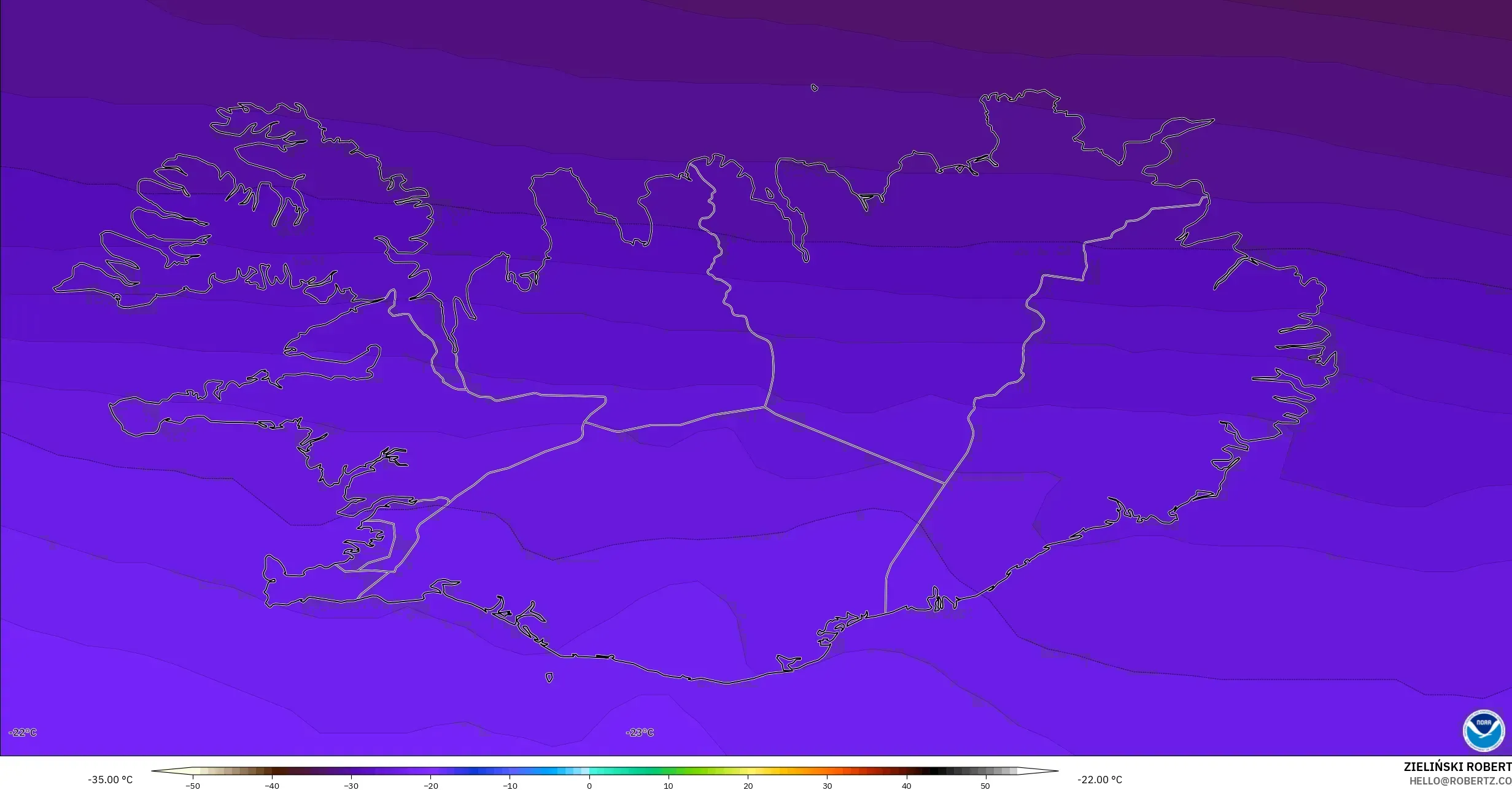 GFS modelo - Islandia, Temperatura a 500 hPa