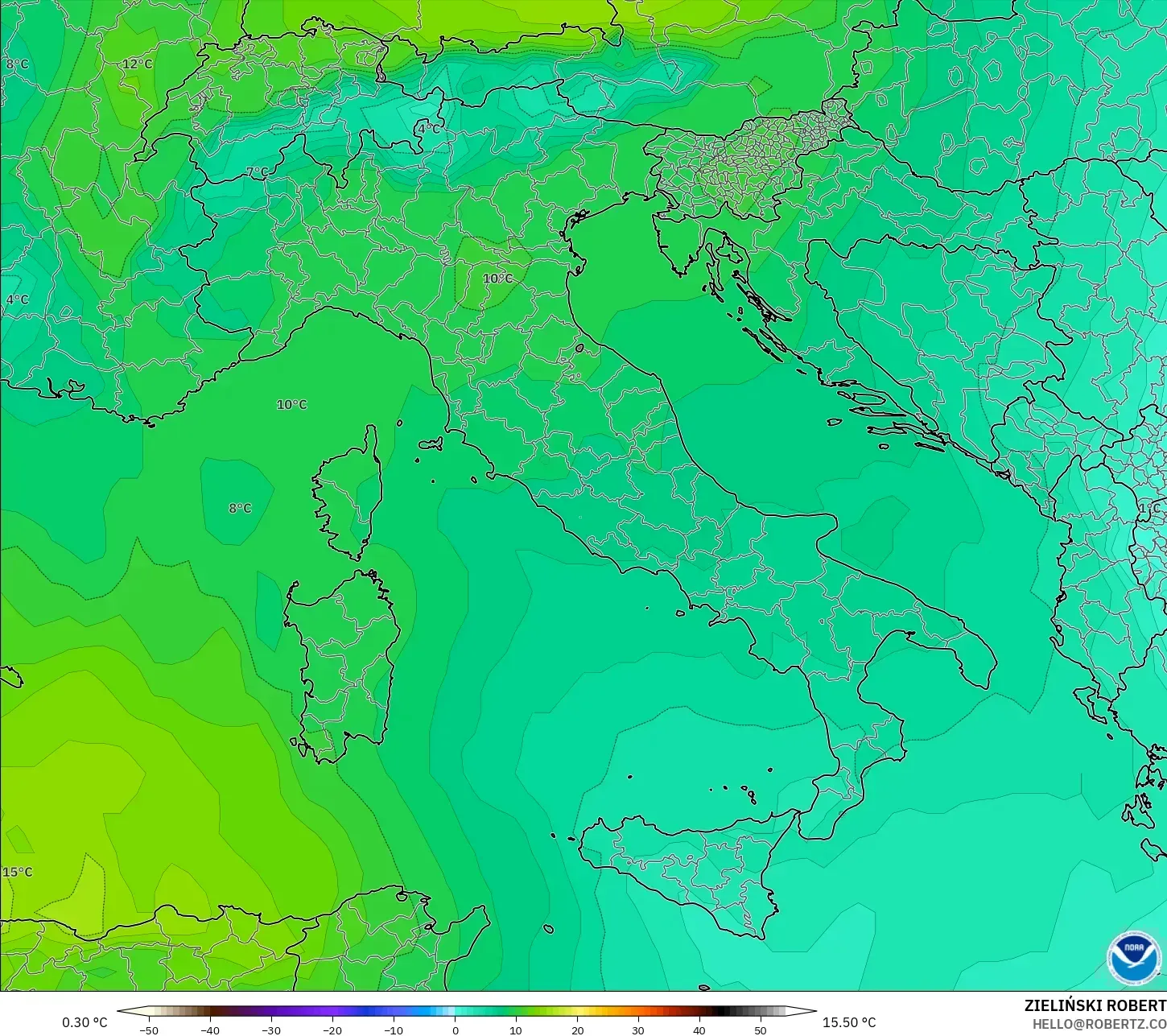 GFS modelo - Italia, Temperatura a 850 hPa