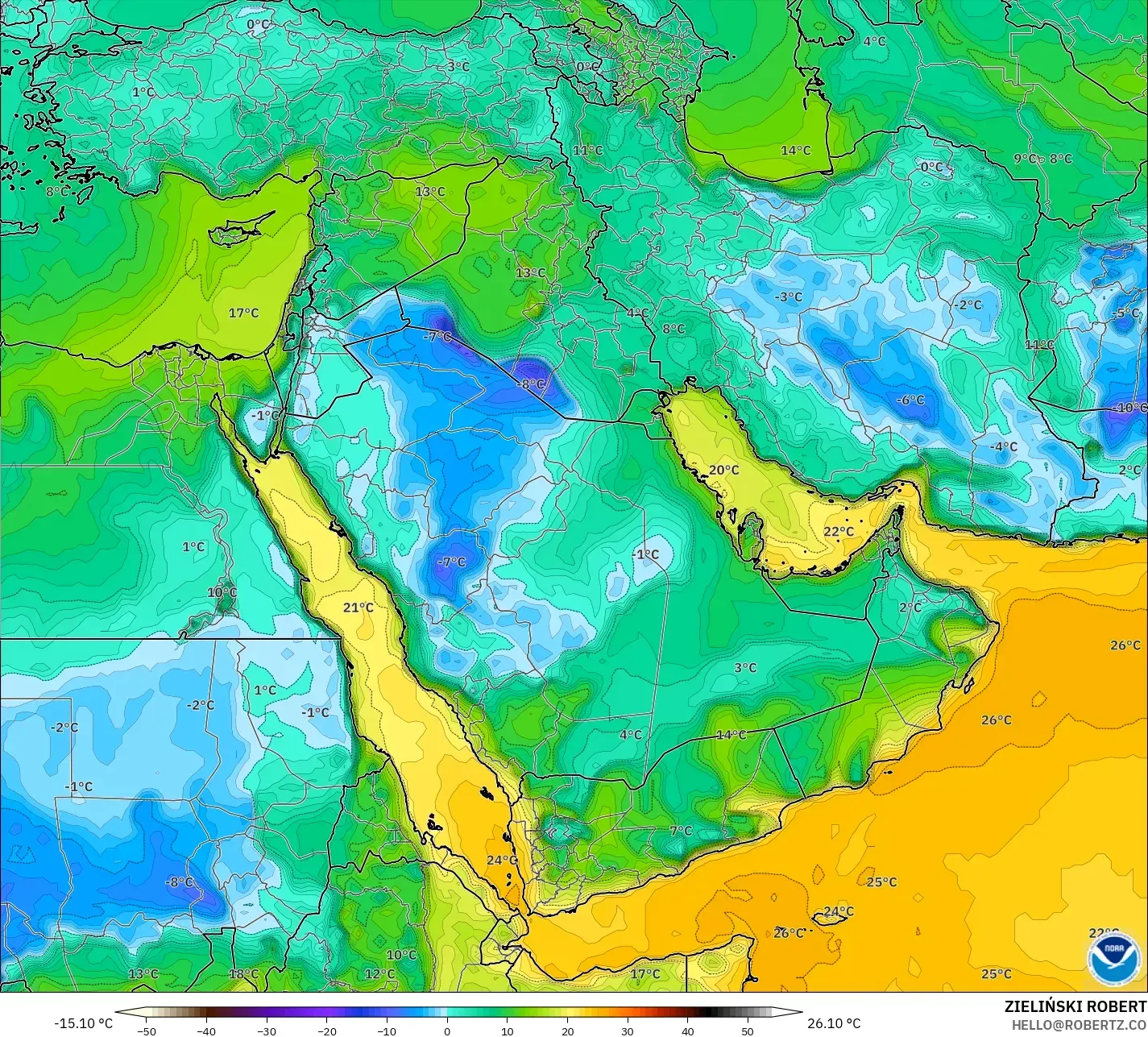 GFS modelo - Oriente Medio, Punto de rocío a 2 m