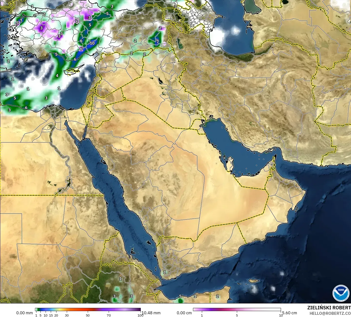 GFS modelo - Oriente Medio, Precipitación, nubes y presión