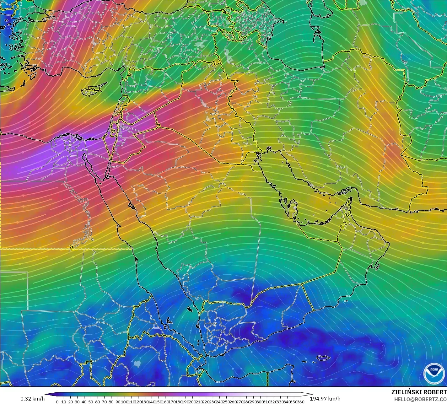 GFS modelo - Oriente Medio, Viento a 300 hPa (corriente en chorro)