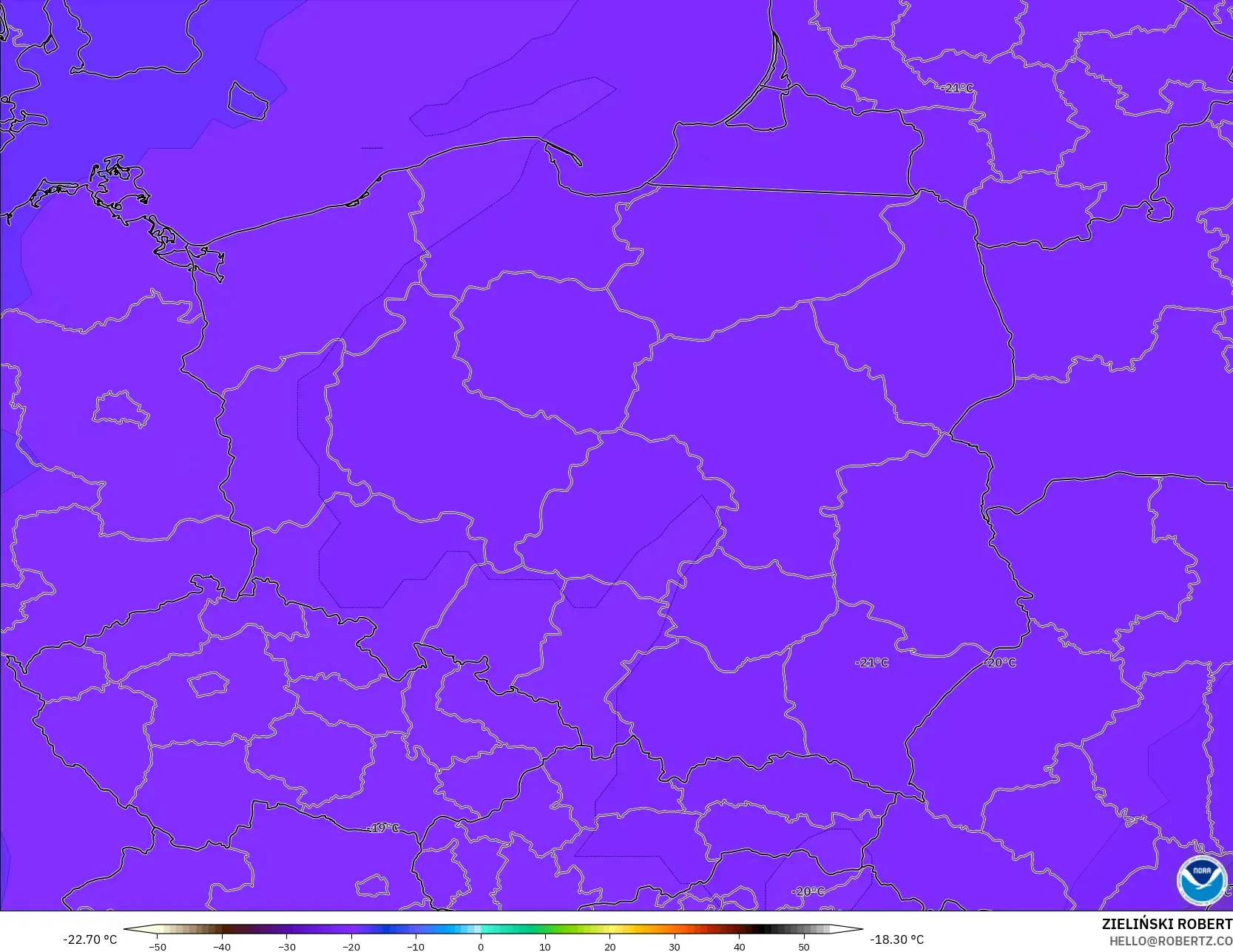 GFS modelo - Polonia, Temperatura a 500 hPa