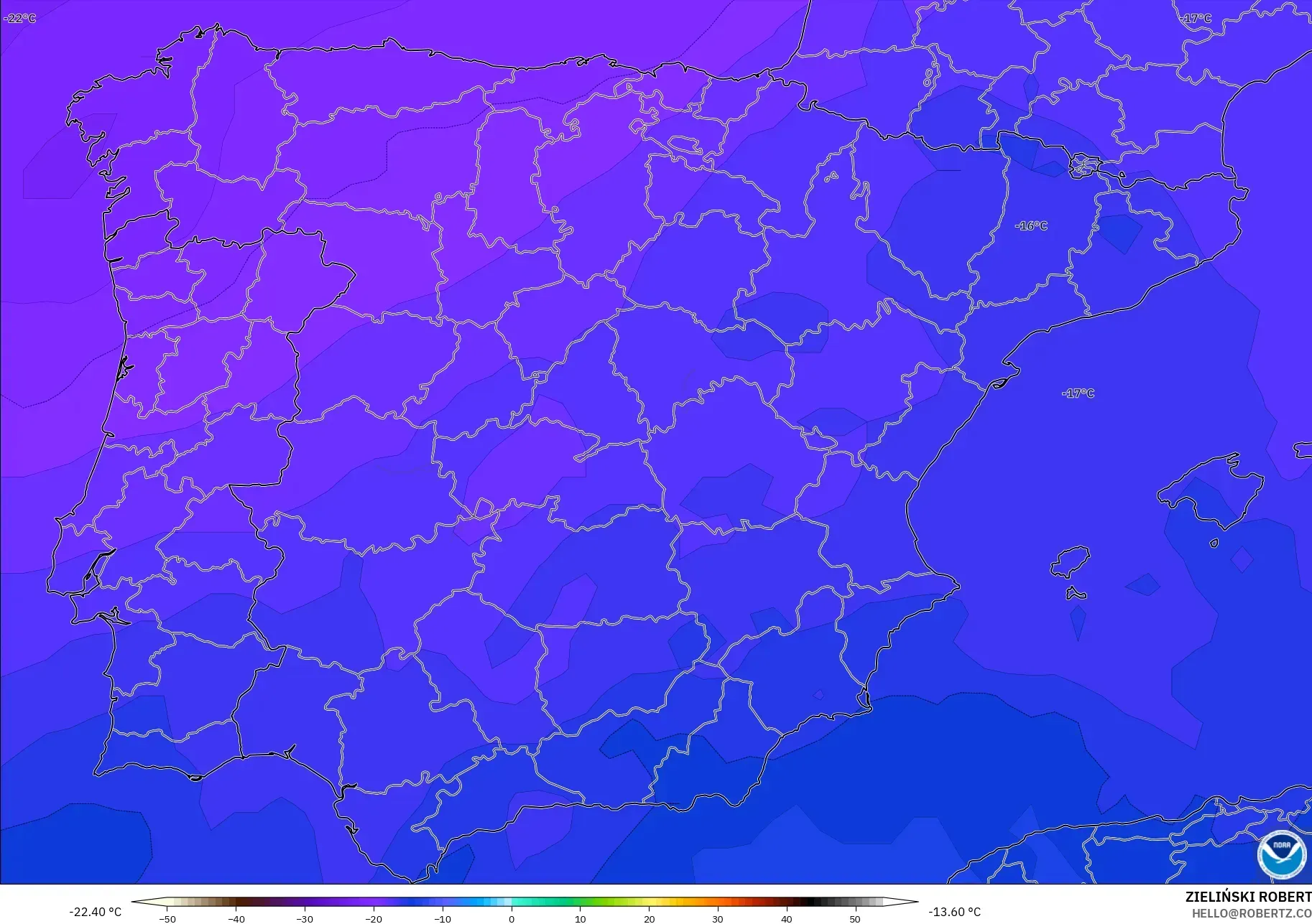 GFS modelo - España, Temperatura a 500 hPa