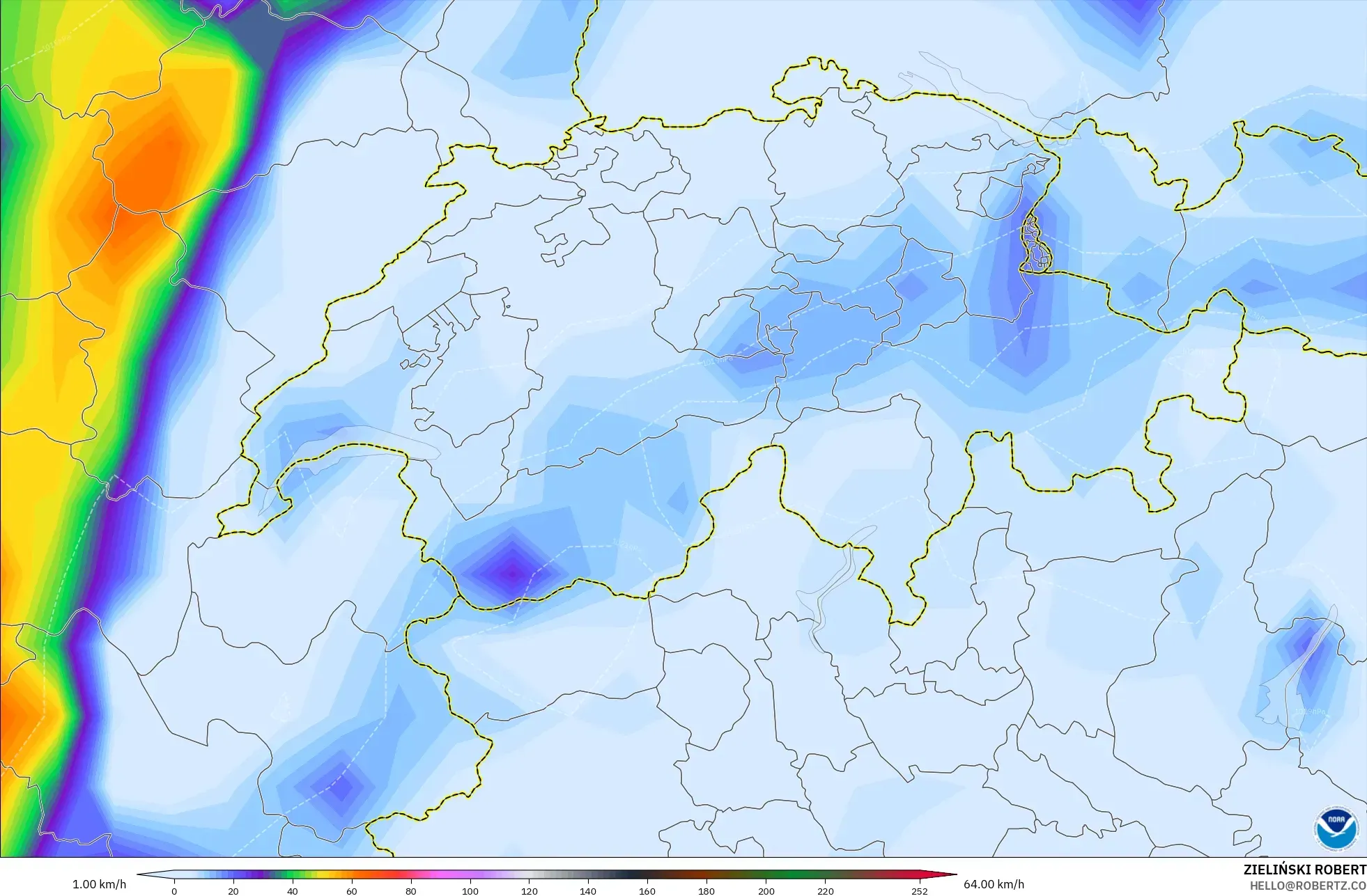 GFS modelo - Suiza, Ráfagas de viento