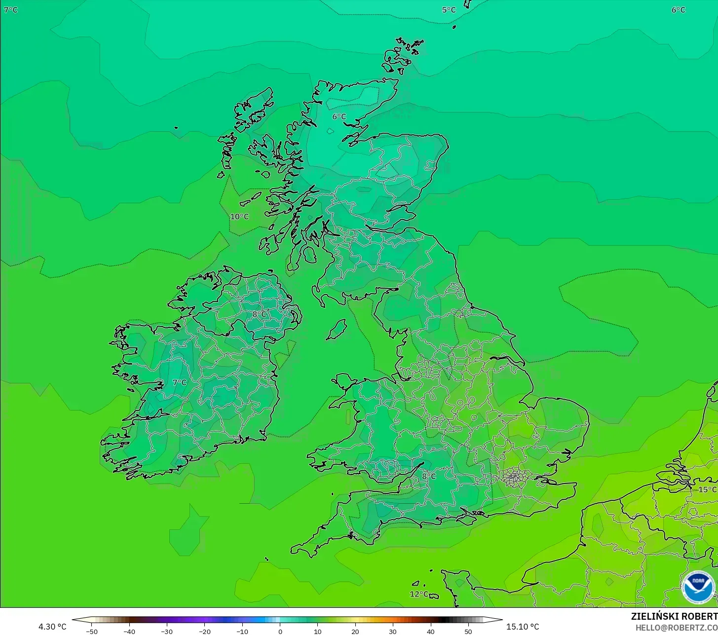 GFS modelo - Reino Unido, Temperatura a 2 m