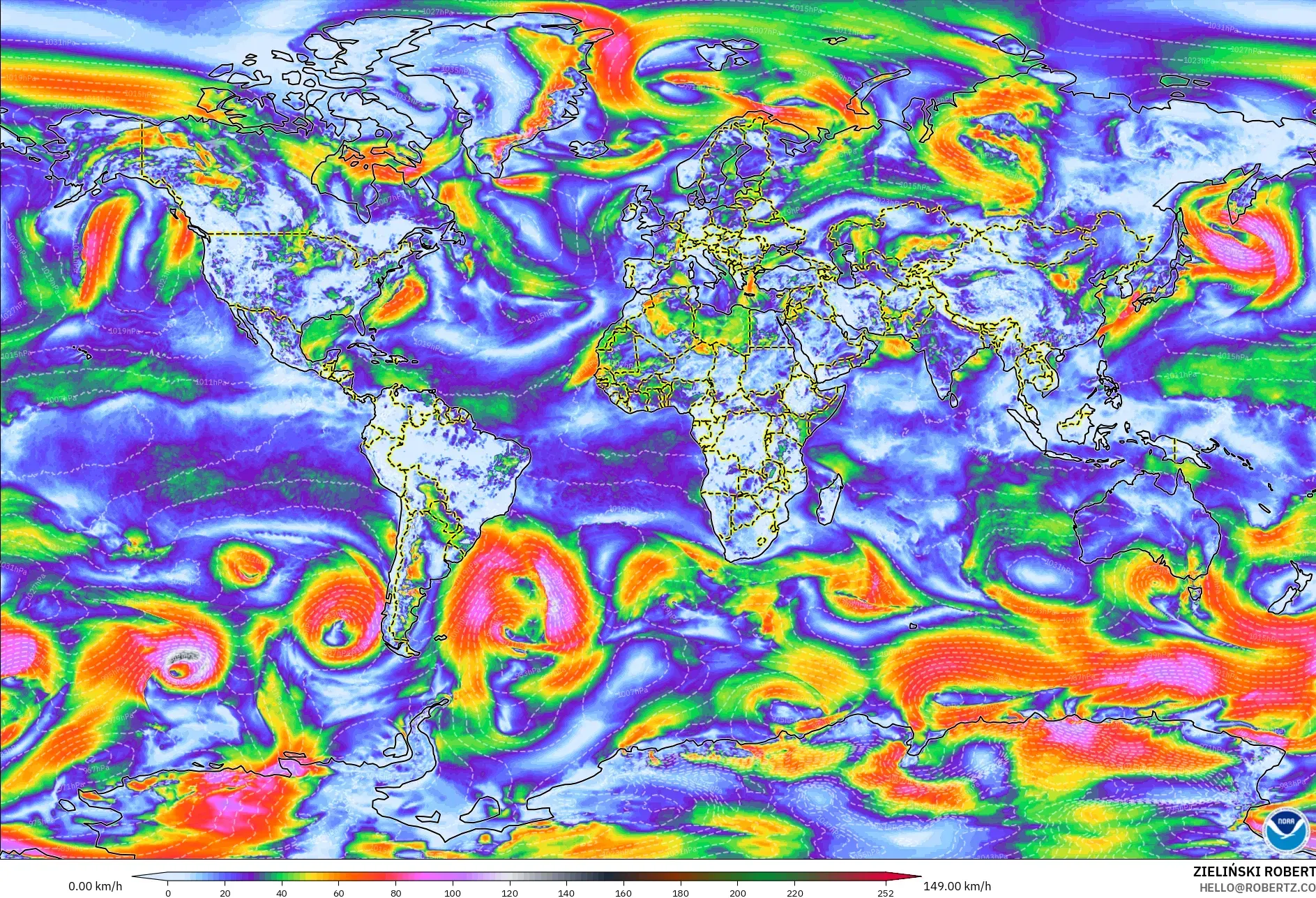 GFS modelo - Mundo, Ráfagas de viento