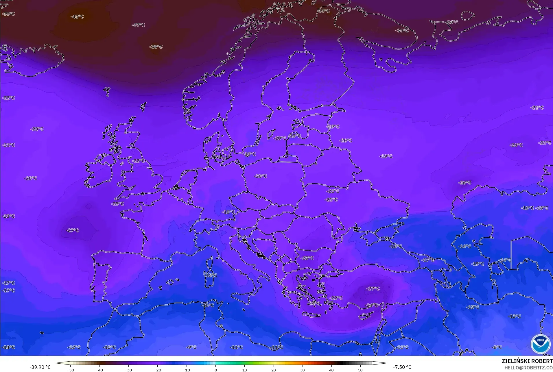 GFS modelo - Europa, Temperatura a 500 hPa