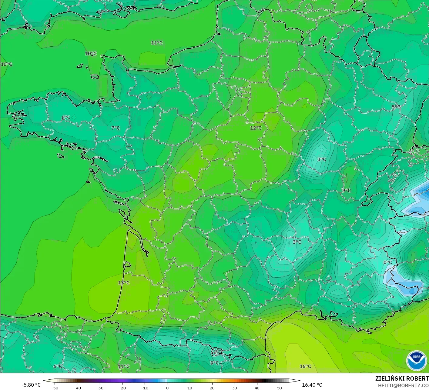 GFS modelo - Francia, Punto de rocío a 2 m