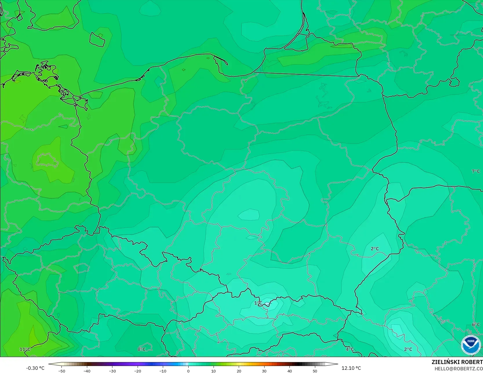 GFS modelo - Polonia, Punto de rocío a 2 m
