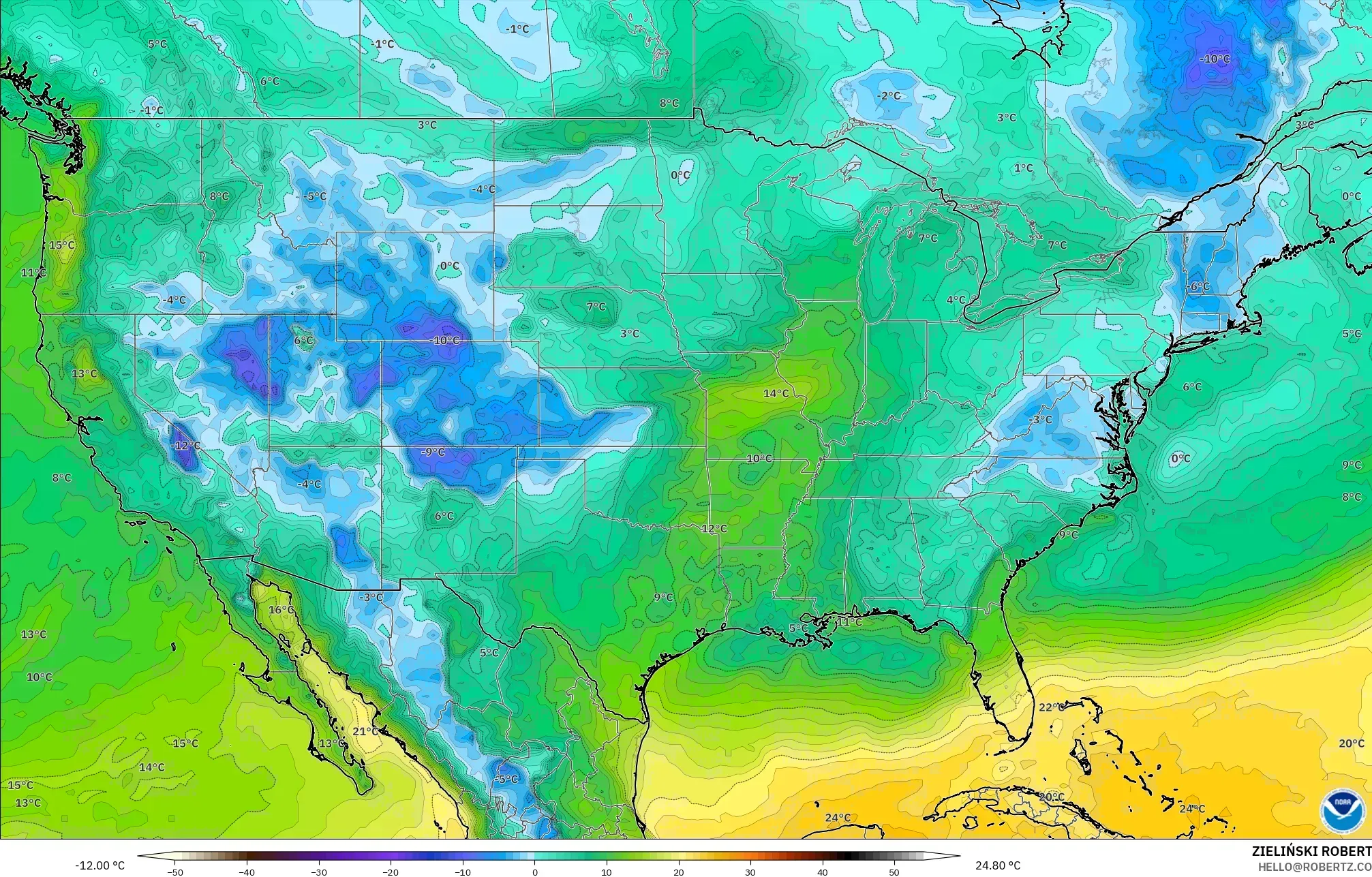 GFS modelo - Estados Unidos, Punto de rocío a 2 m