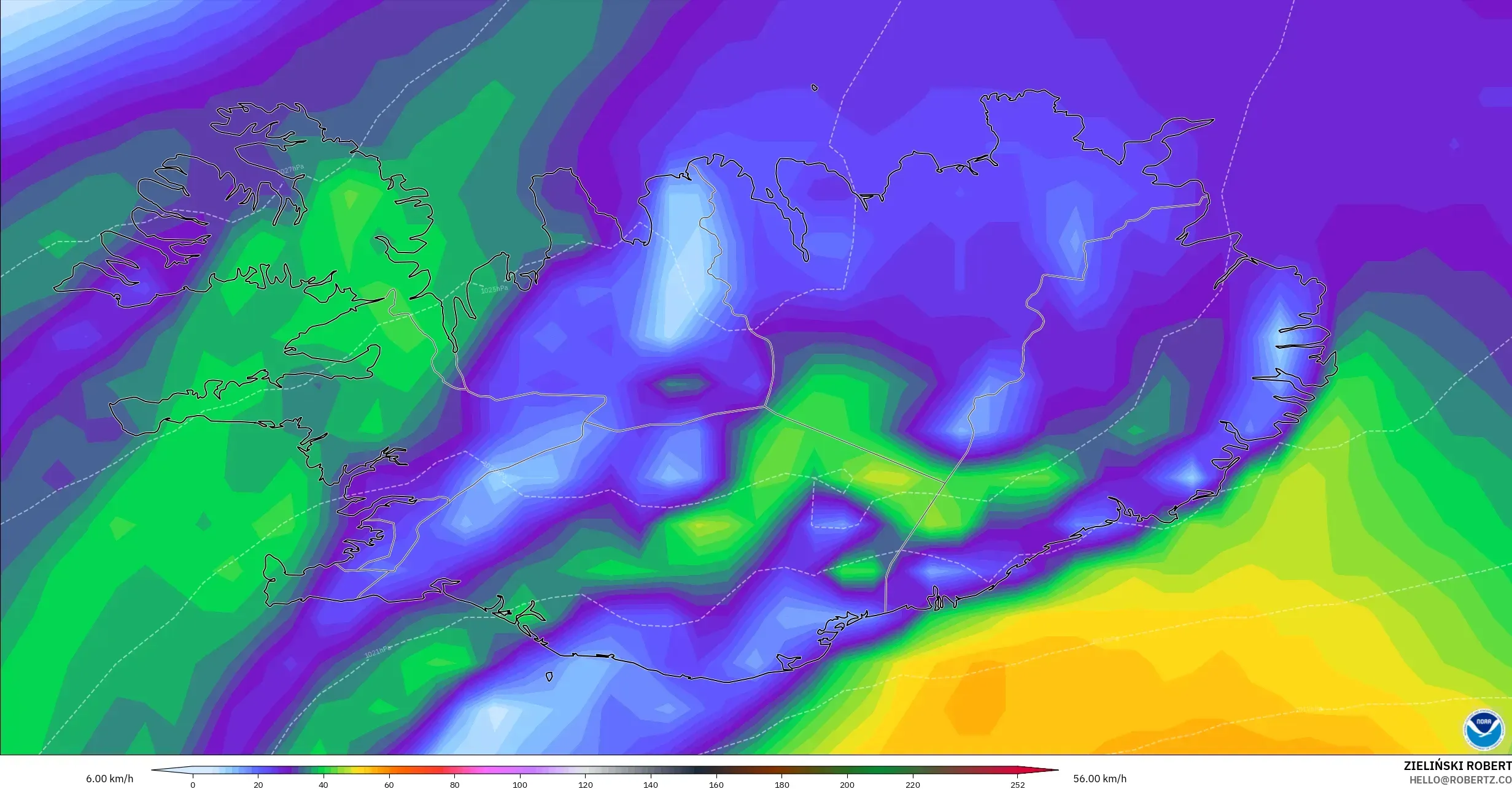 GFS modelo - Islandia, Ráfagas de viento