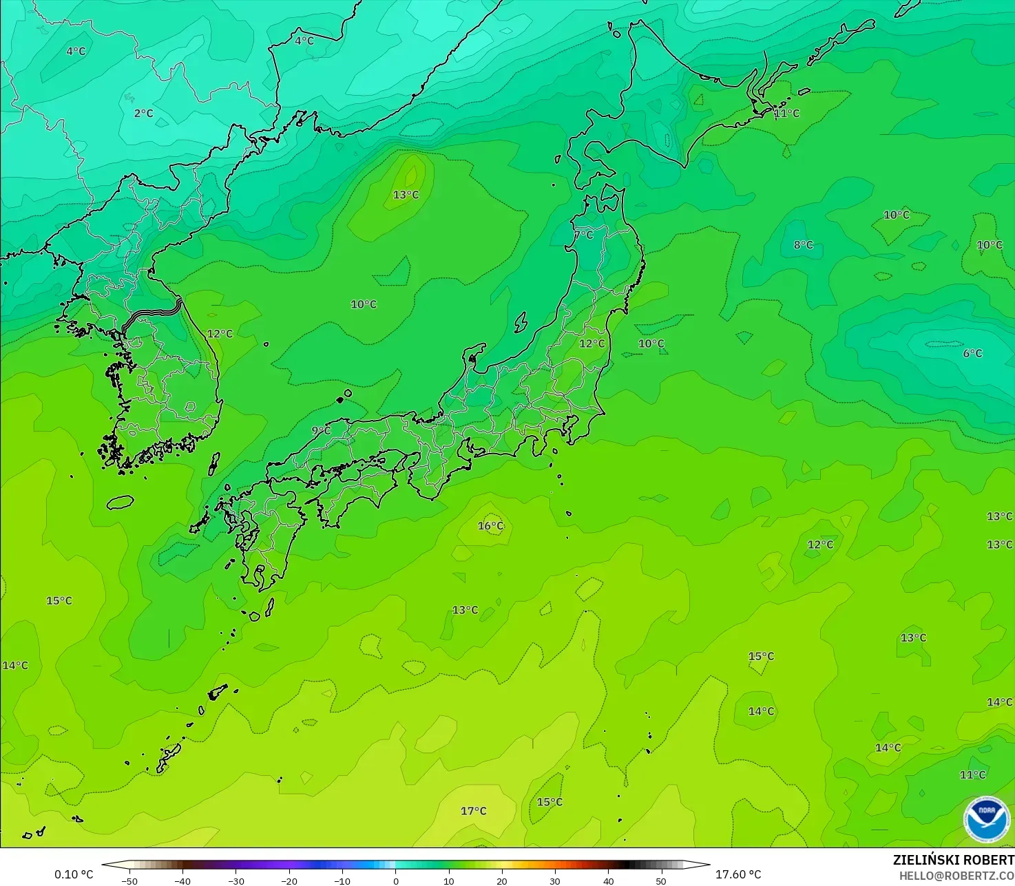 GFS modelo - Japón, Temperatura a 850 hPa