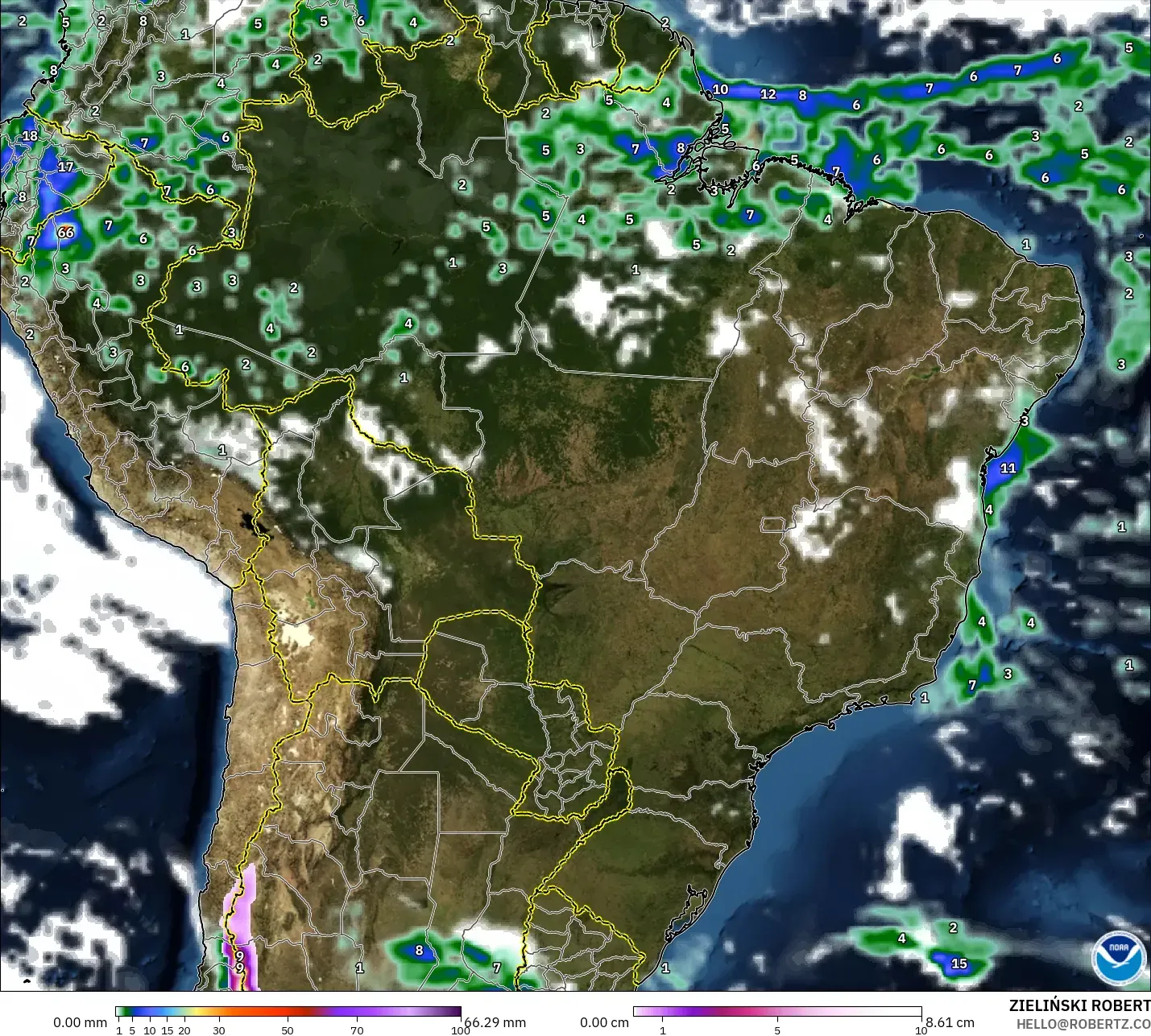GFS modelo - Brasil, Precipitación, nubes y presión
