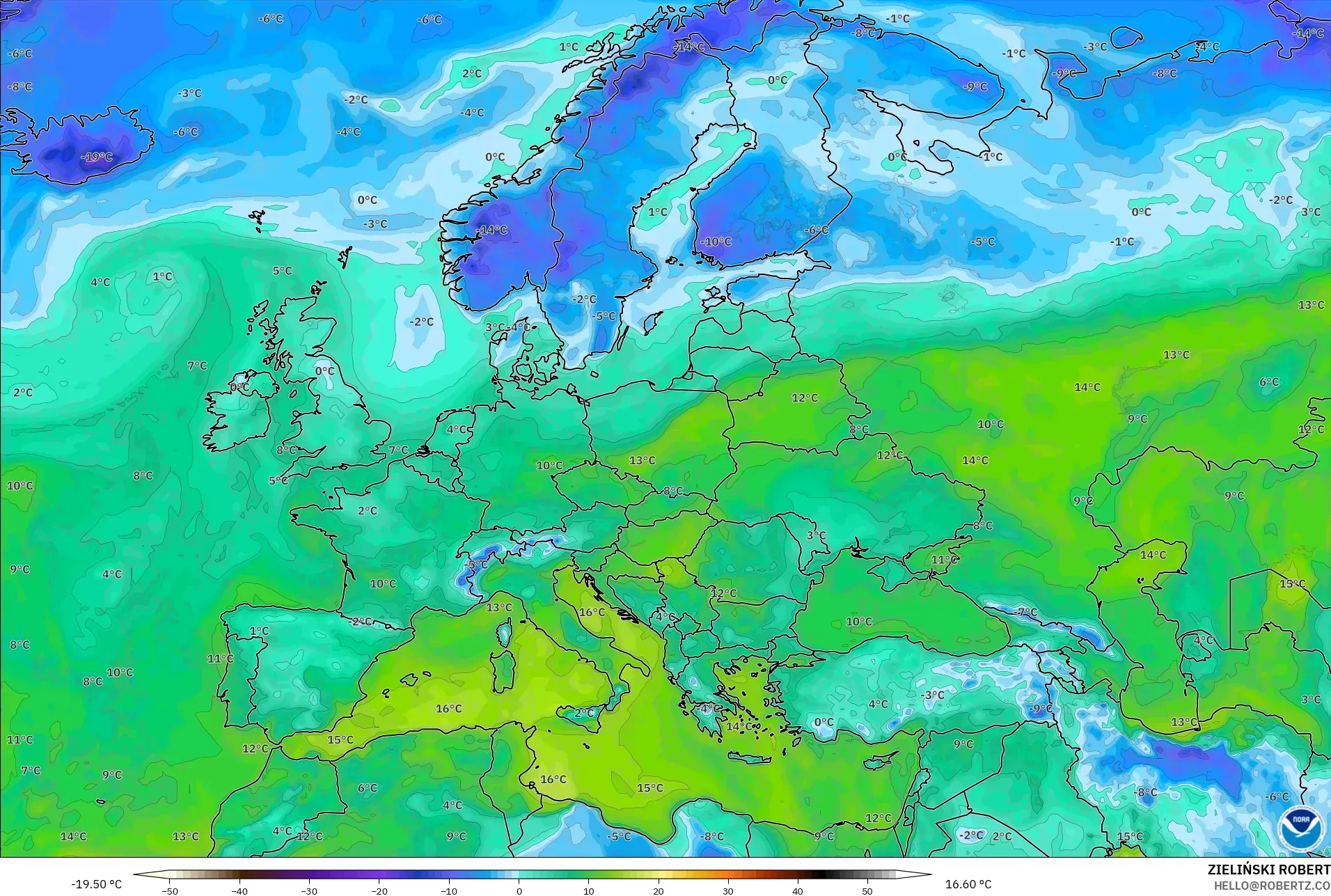 GFS modelo - Europa, Punto de rocío a 2 m
