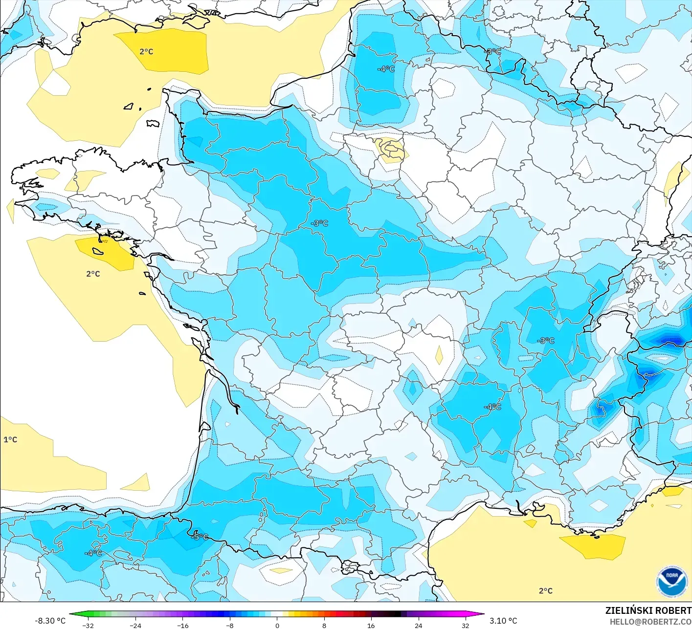 GFS modelo - Francia, Anomalía de temperatura a 2 m