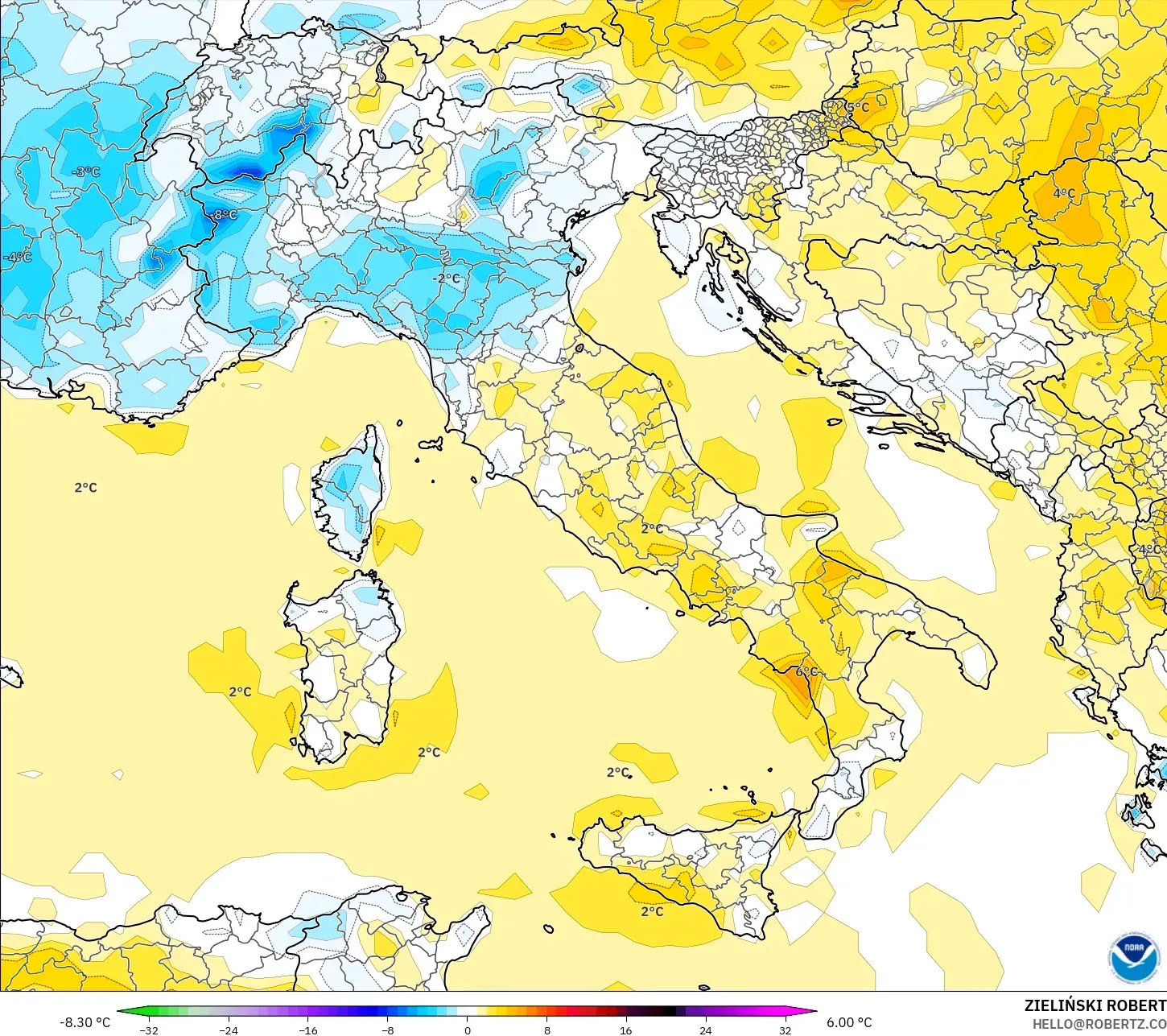 GFS modelo - Italia, Anomalía de temperatura a 2 m