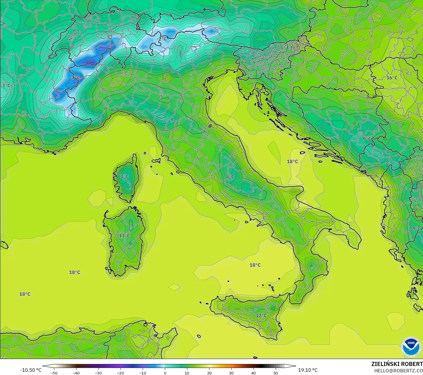 GFS modelo - Italia, Temperatura a 2 m