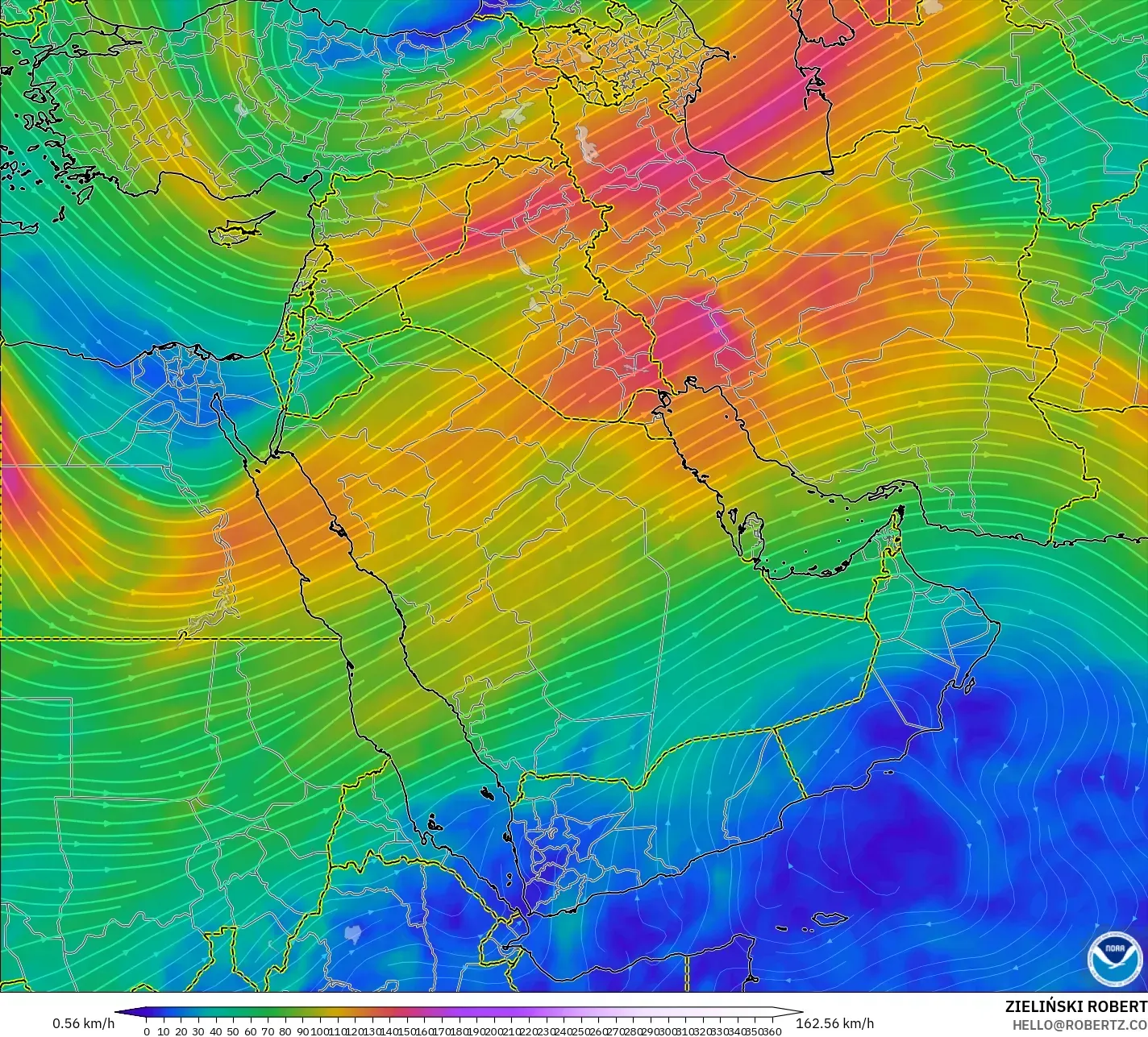 GFS modelo - Oriente Medio, Viento a 300 hPa (corriente en chorro)