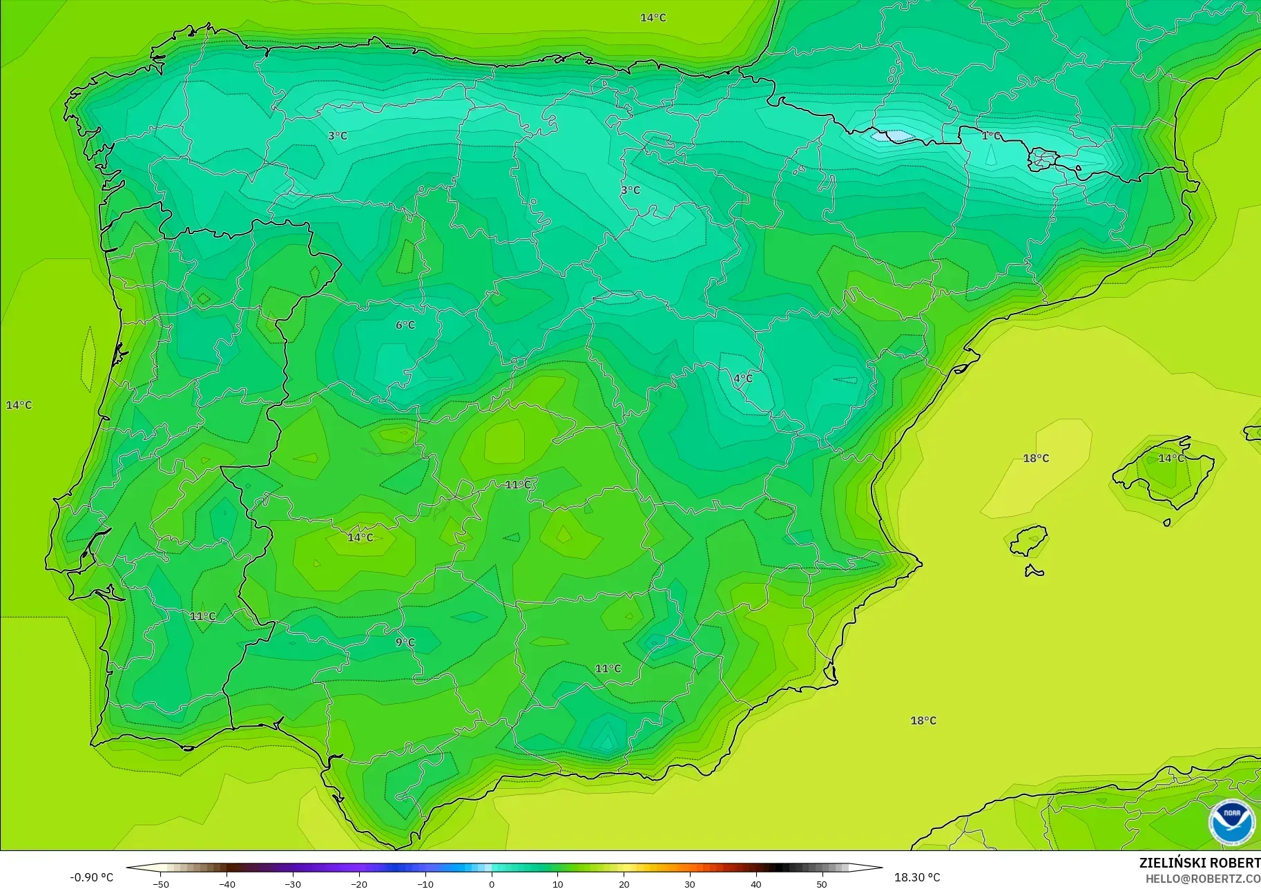 GFS modelo - España, Temperatura a 2 m