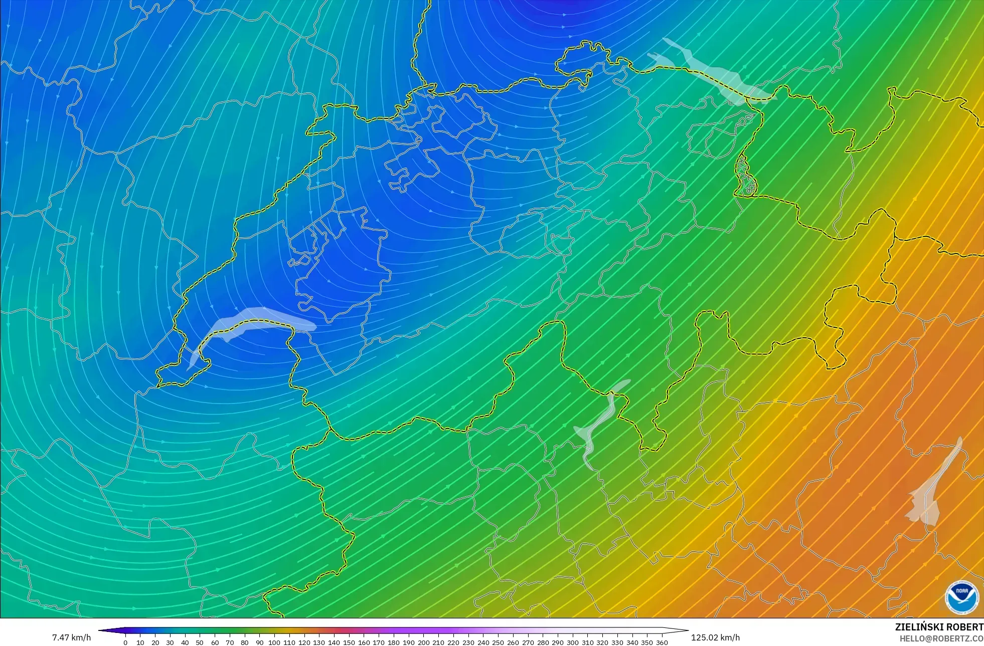 GFS modelo - Suiza, Viento a 300 hPa (corriente en chorro)