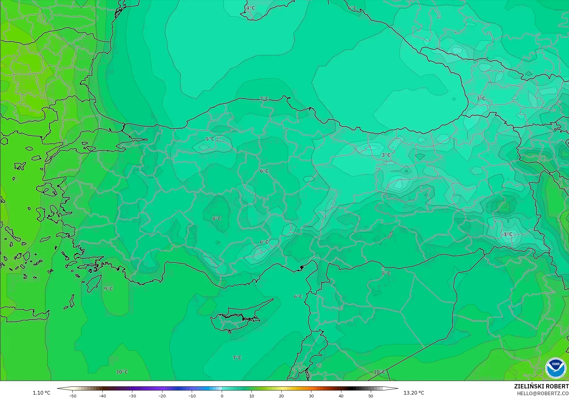 GFS modelo - Turquía, Temperatura a 850 hPa