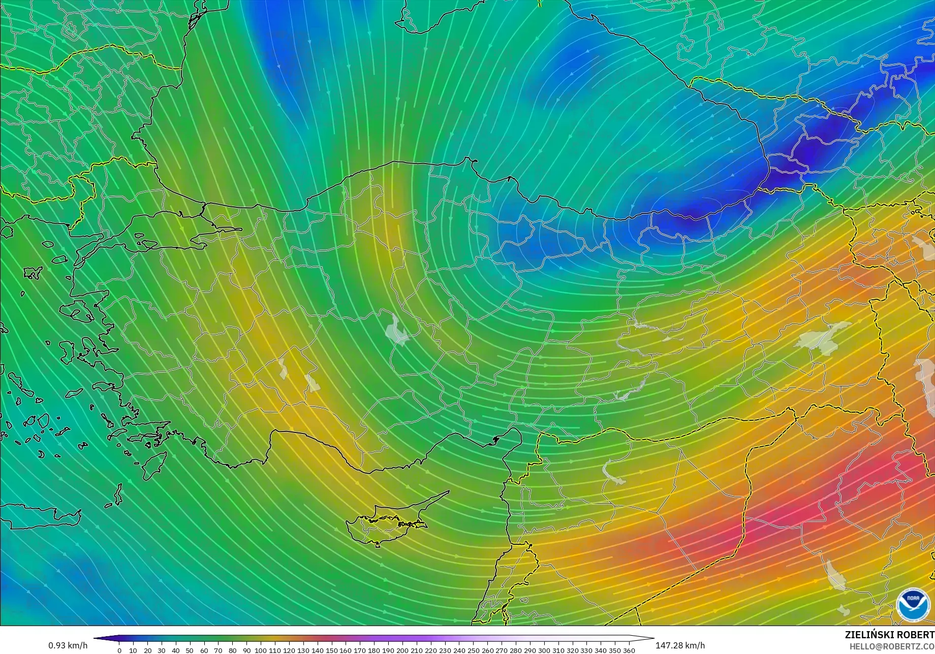 GFS modelo - Turquía, Viento a 300 hPa (corriente en chorro)
