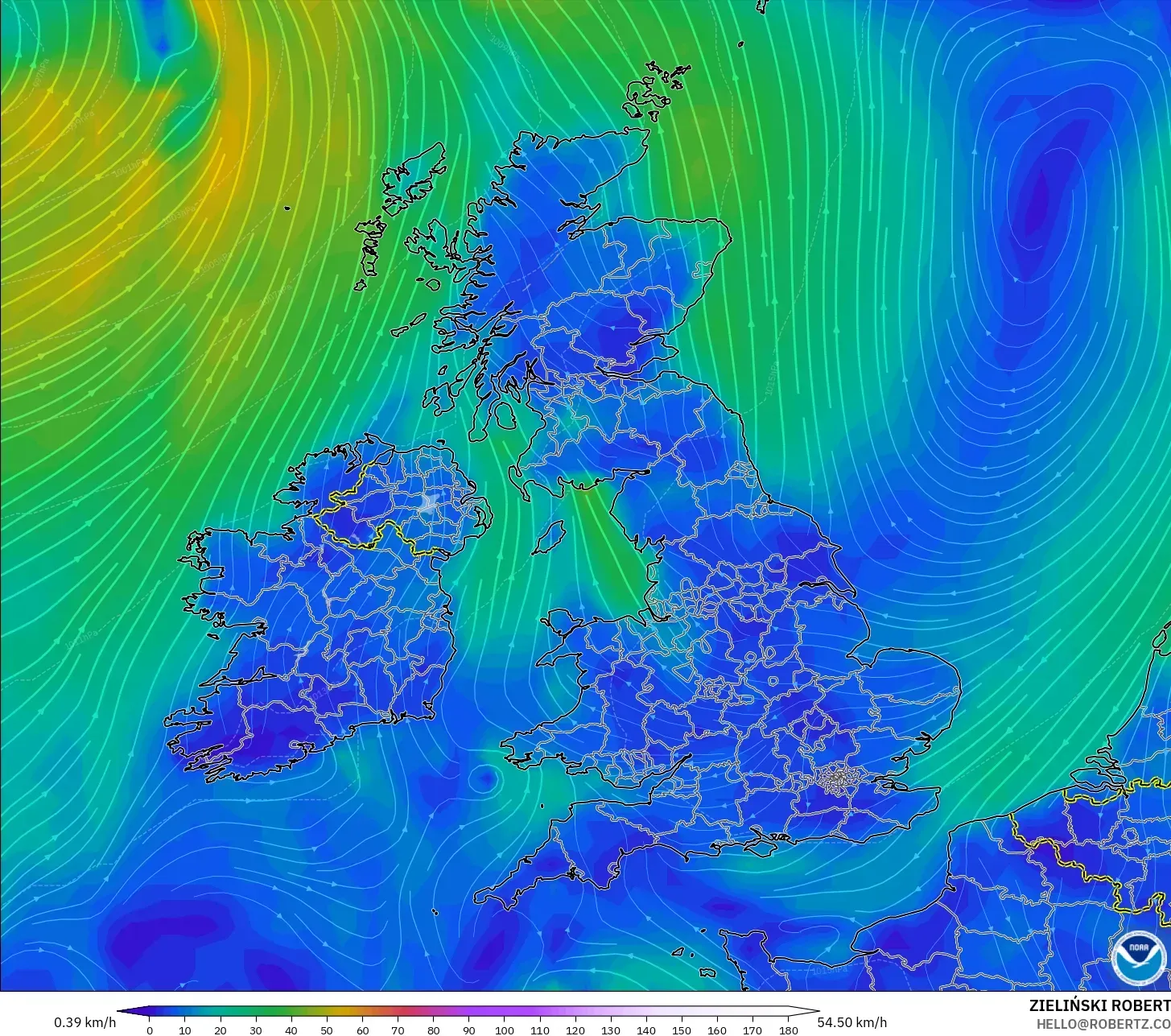 GFS modelo - Reino Unido, Viento a 10 m