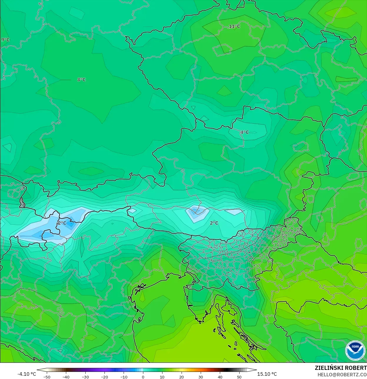 GFS modelo - Austria, Punto de rocío a 2 m