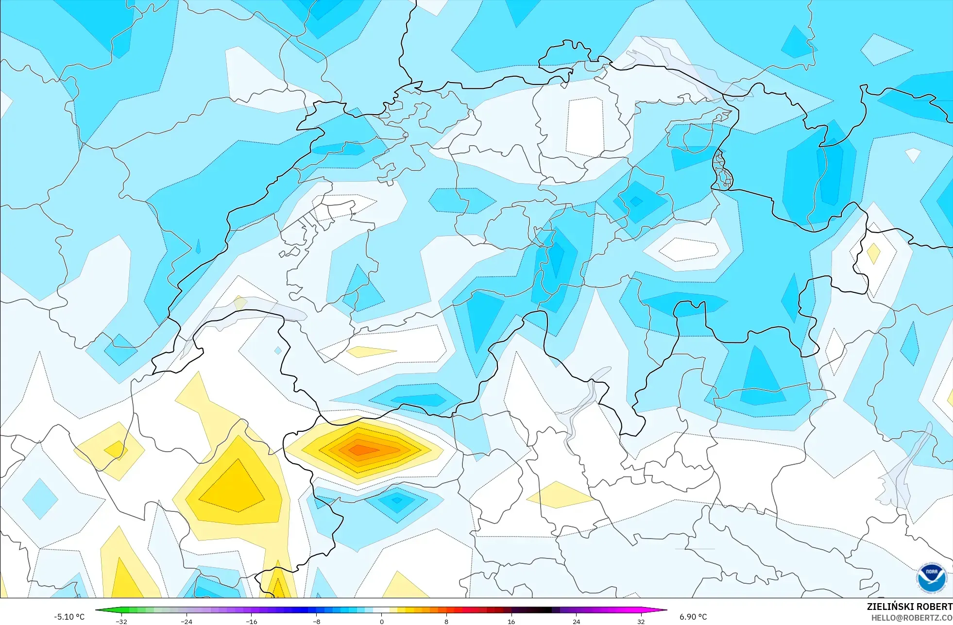 GFS modelo - Suiza, Anomalía de temperatura a 2 m