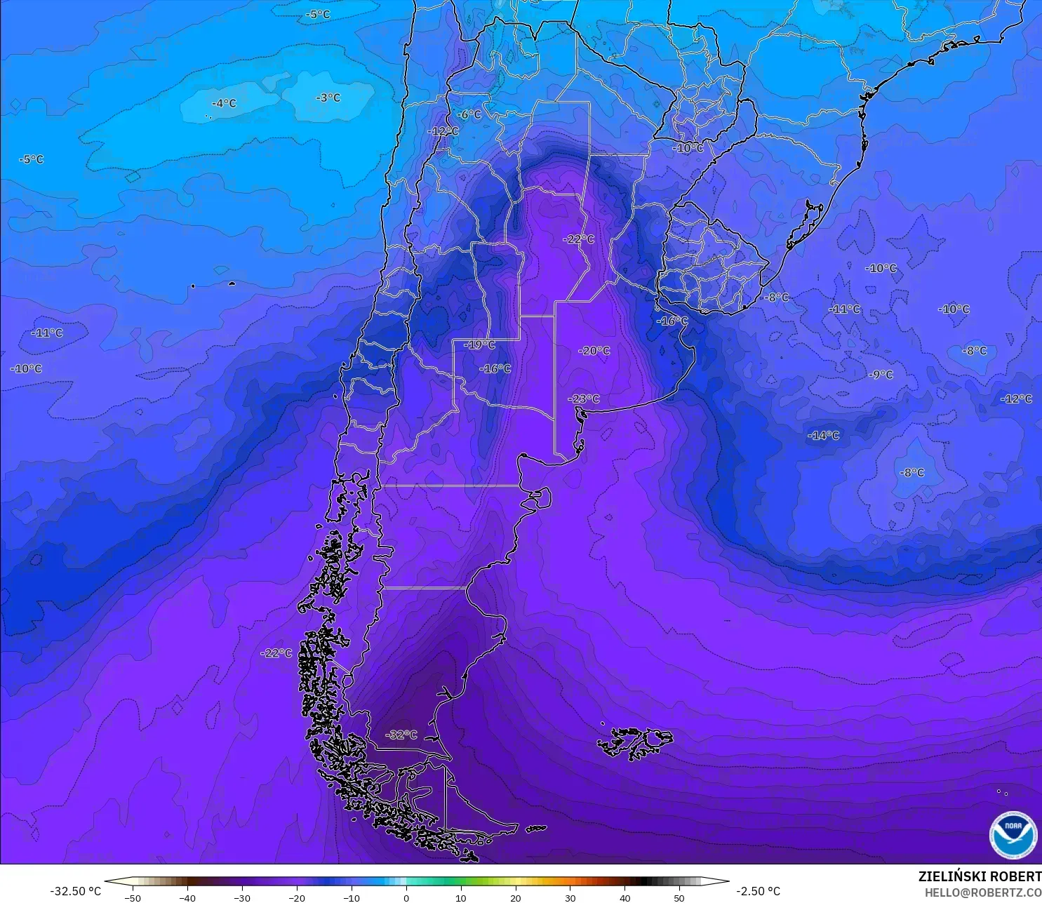 GFS modelo - Argentina, Temperatura a 500 hPa