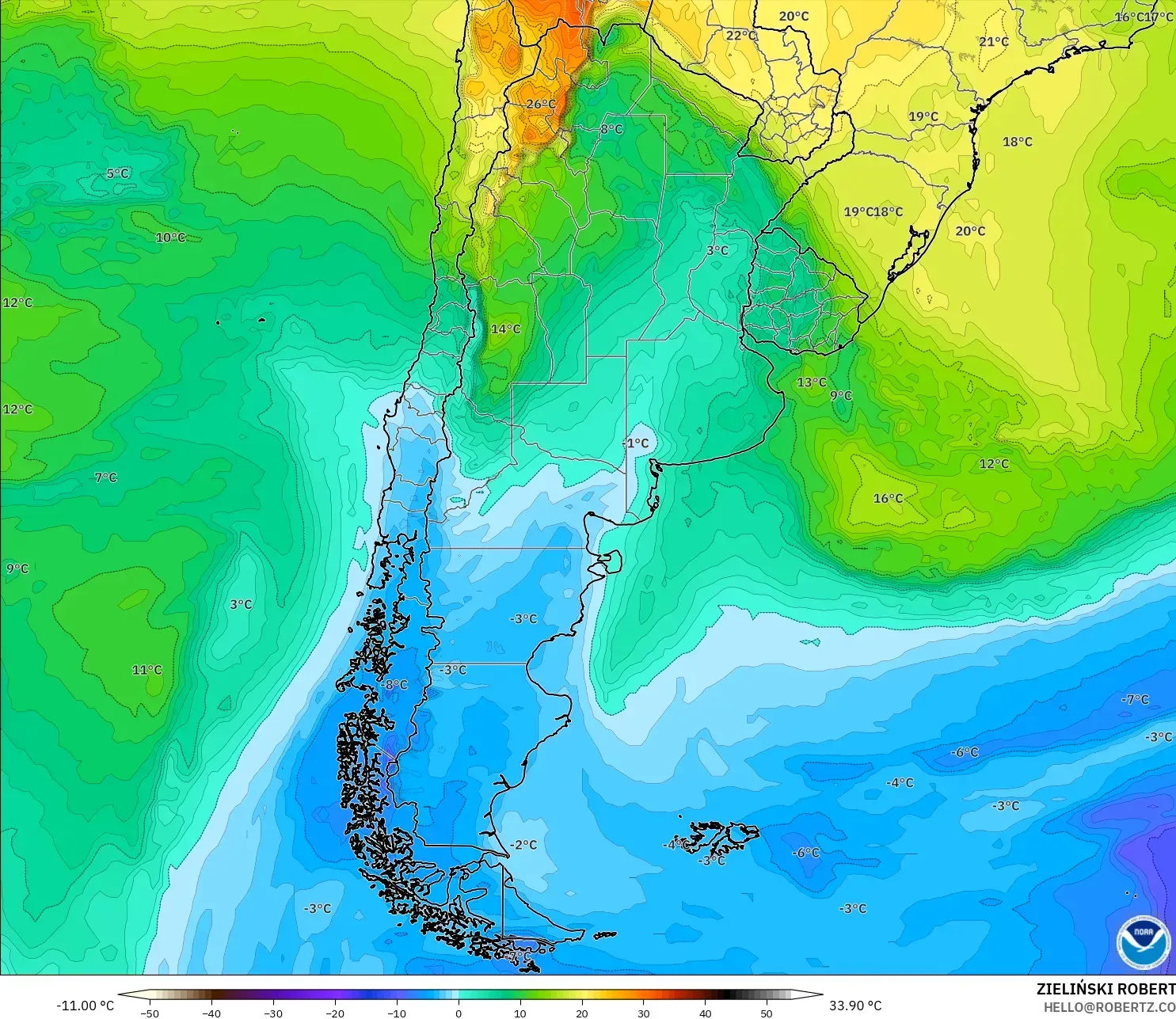 GFS modelo - Argentina, Temperatura a 850 hPa