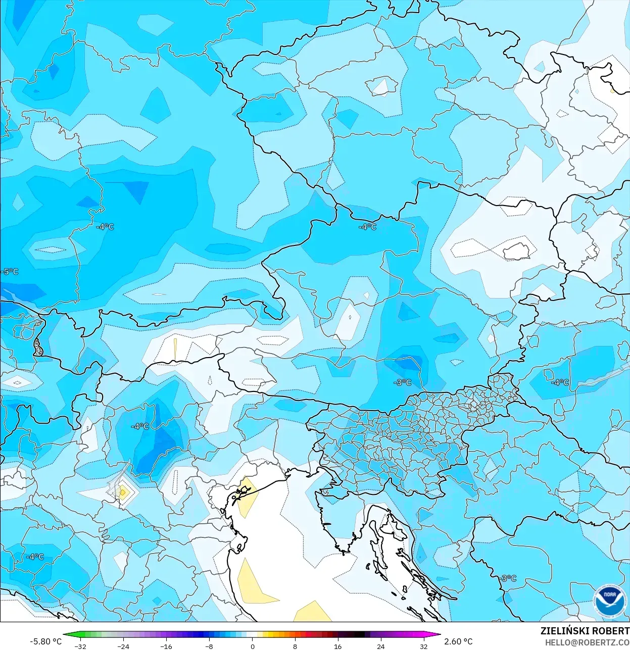 GFS modelo - Austria, Anomalía de temperatura a 2 m