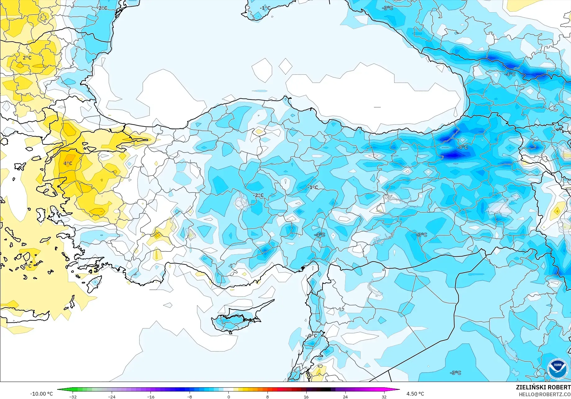 GFS modelo - Turquía, Anomalía de temperatura a 2 m