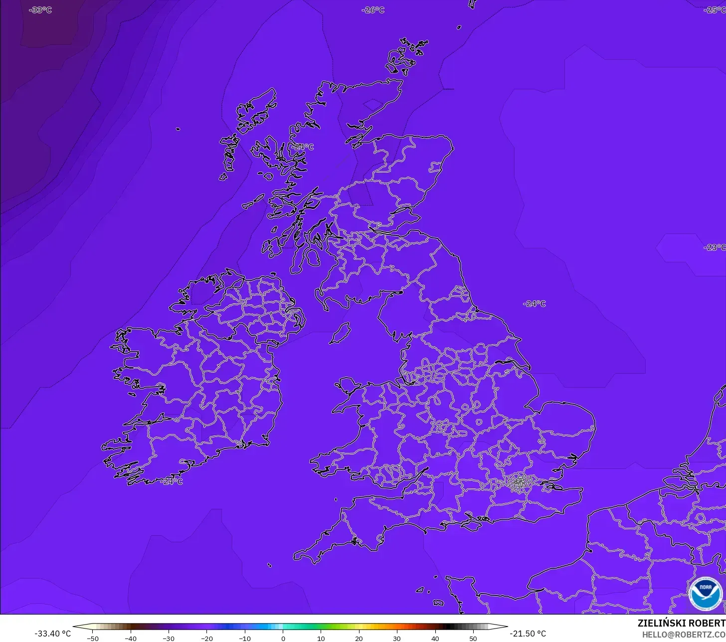 GFS modelo - Reino Unido, Temperatura a 500 hPa