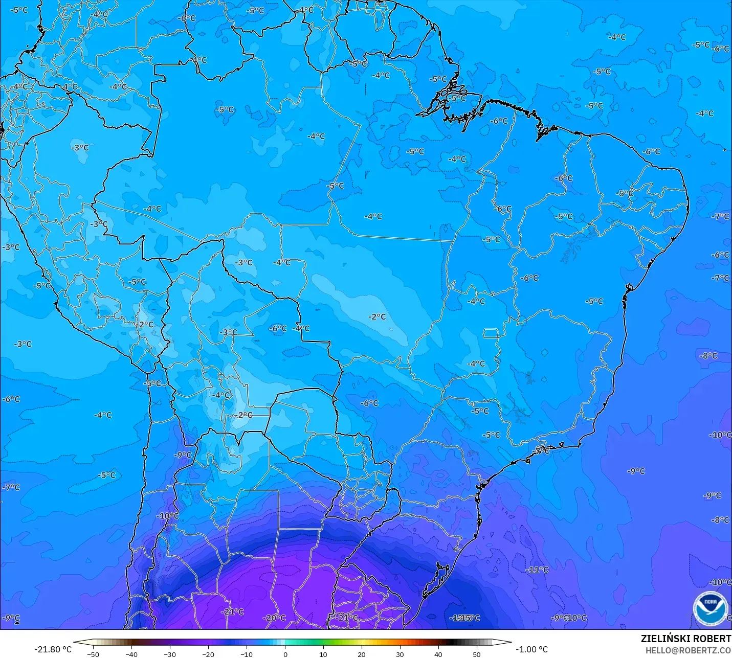 GFS modelo - Brasil, Temperatura a 500 hPa