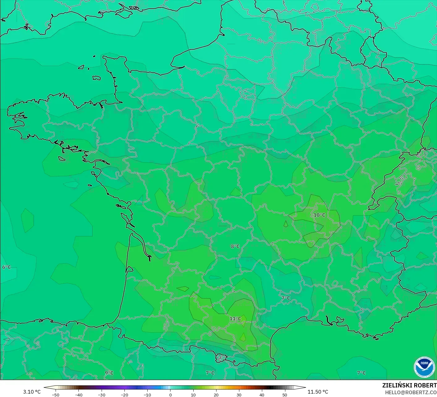 GFS modelo - Francia, Temperatura a 850 hPa