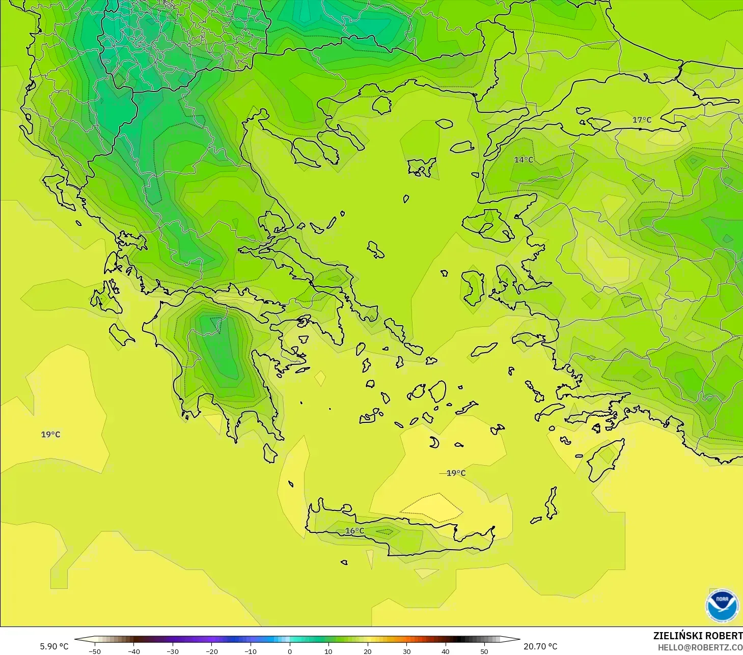 GFS modelo - Grecia, Temperatura a 2 m