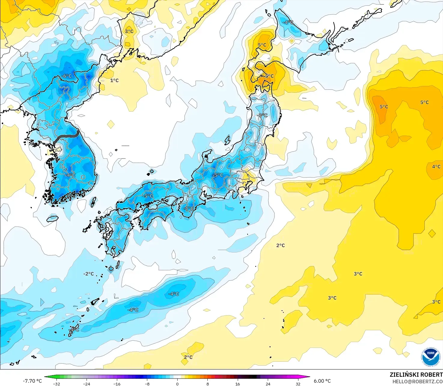 GFS modelo - Japón, Anomalía de temperatura a 2 m