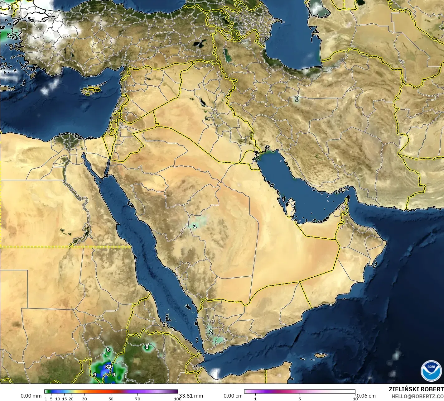 GFS modelo - Oriente Medio, Precipitación, nubes y presión