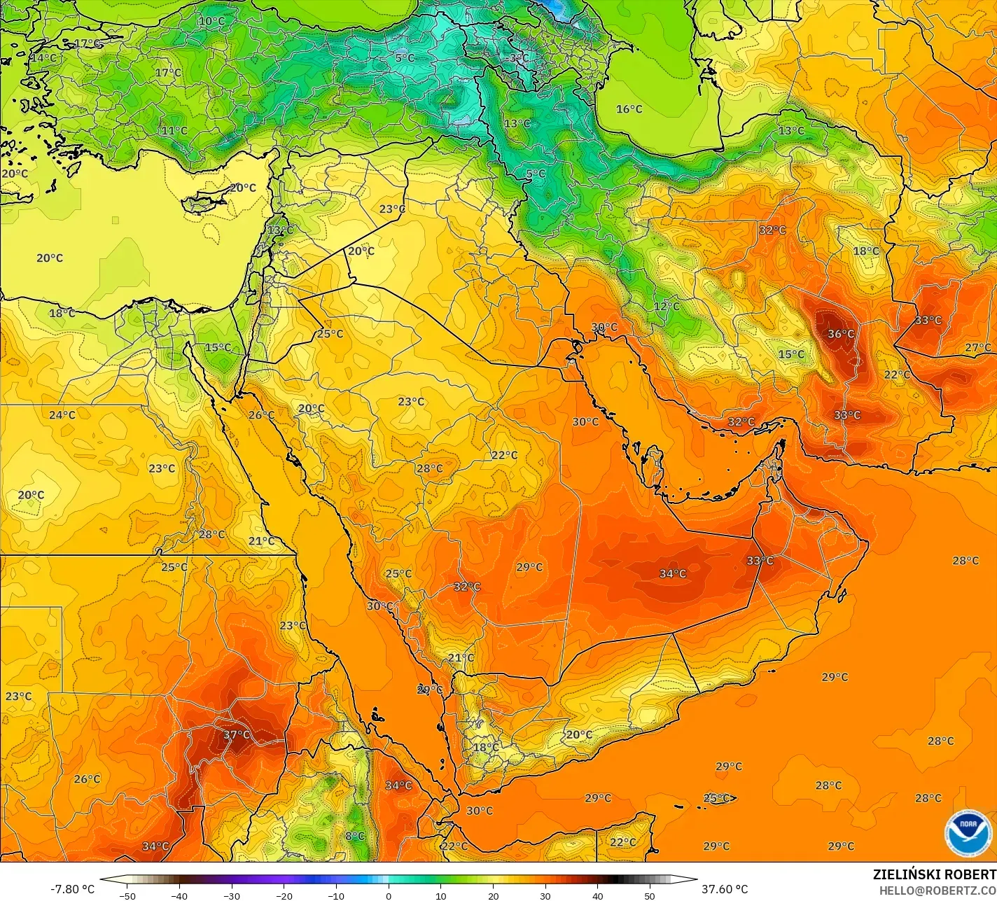 GFS modelo - Oriente Medio, Temperatura a 2 m
