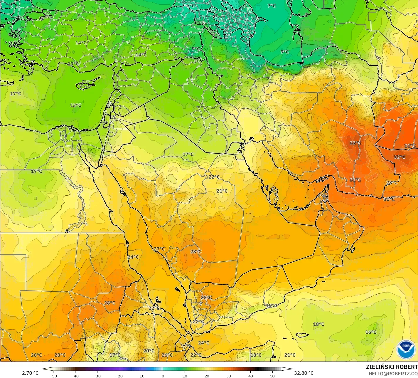 GFS modelo - Oriente Medio, Temperatura a 850 hPa